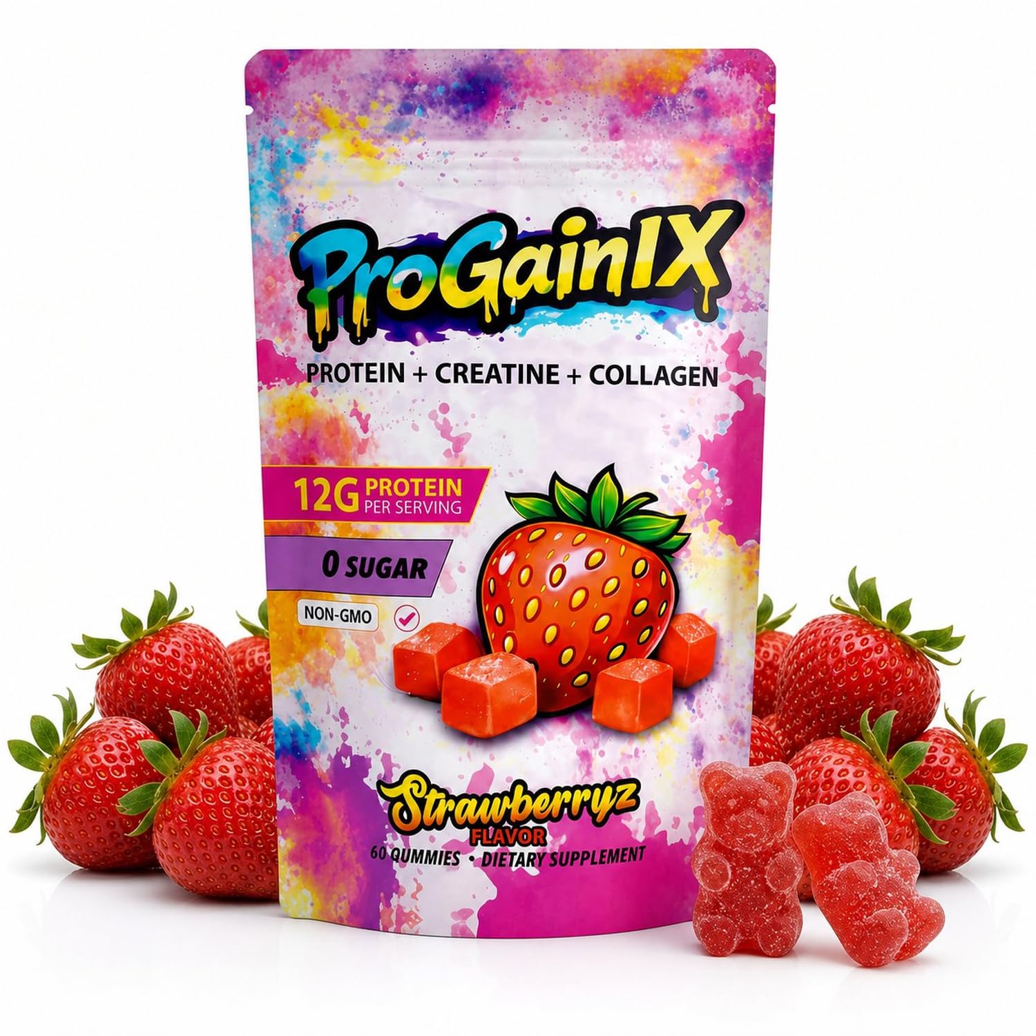 ProGainIX Gomas de proteína com creatina monohidratada e peptídeos de colágeno, 12 g de proteína, 60 gomas