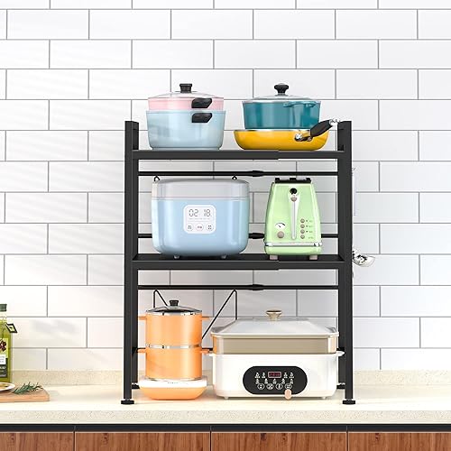 Miniatura 7 de PUSDON Estante para horno de microondas, estante ajustable de 3 niveles con 3 ganchos para organizador de encimera de cocina, soporta 160 libras,