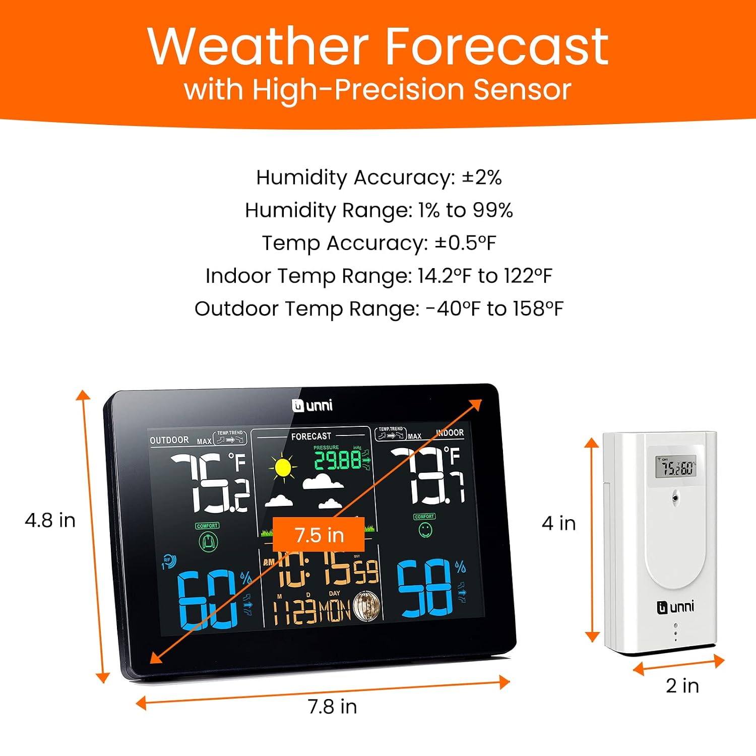 Weather Stations Wireless Indoor Outdoor Thermometer Inside Outside Temperature and Humidity Monitor with 7.5 Inch Screen and Adjustable Backlight