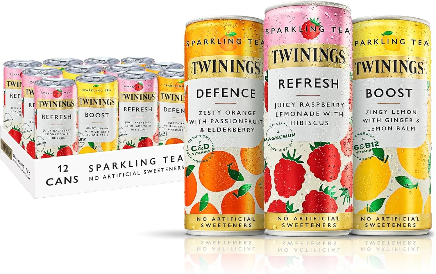 Twinings Mixed Case - Sparkling Tea (12 x 250ml cans) - Refresh, Boost, Defence - Non-Alcoholic, Low Calorie Soft Drink, No Added Sugar, No Artificial Sweetener, Low Caffeine, Green Tea Infusion