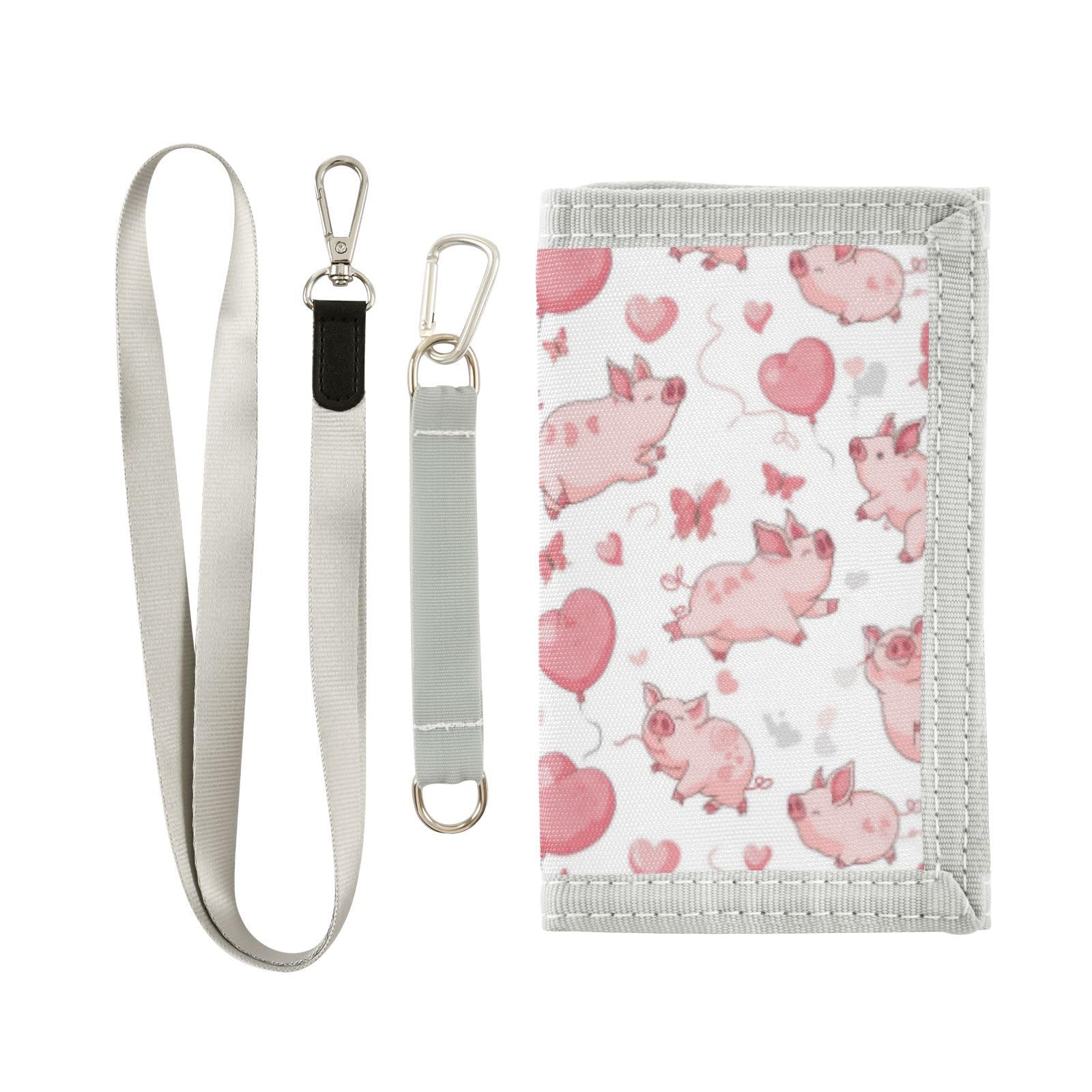 Wusikd Cartoon Pink Piglets Kids Wallet for Boys Girls Hearts Balloons Butterflies Toddler Trifold Wallet Novelty Wallet for Teens Women Men