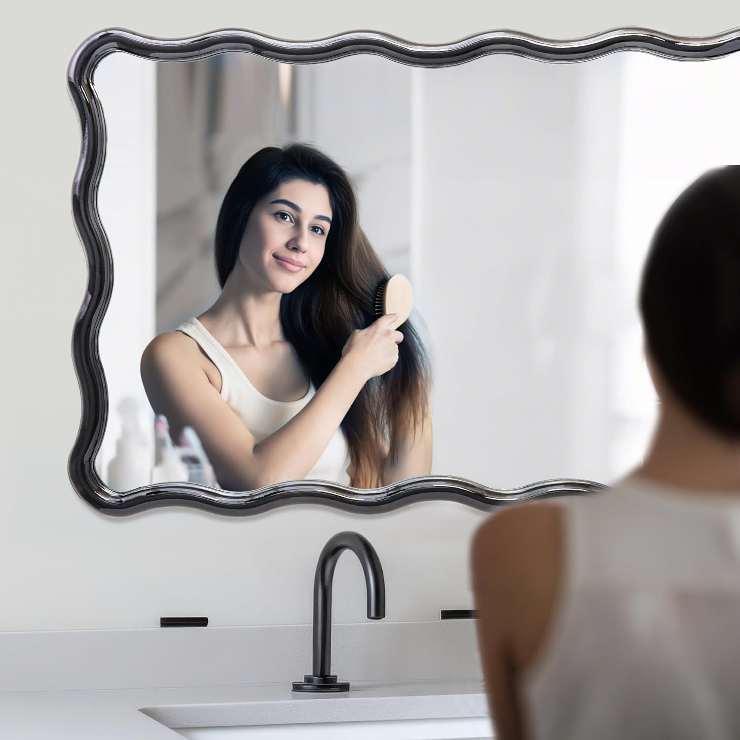 Wavy Bathroom Mirror Black Rectangle Scalloped 24x36 Mirror Modern Wood Farme Mirror Wall Decor for Bathroom Entryway Living Room Bedroom Hallway