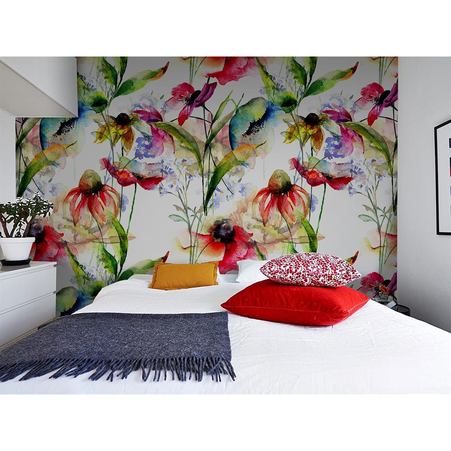 Papier peint en tissu fleurs stylisées rouge Coloray 104x70cm intissé pour décoration de meuble