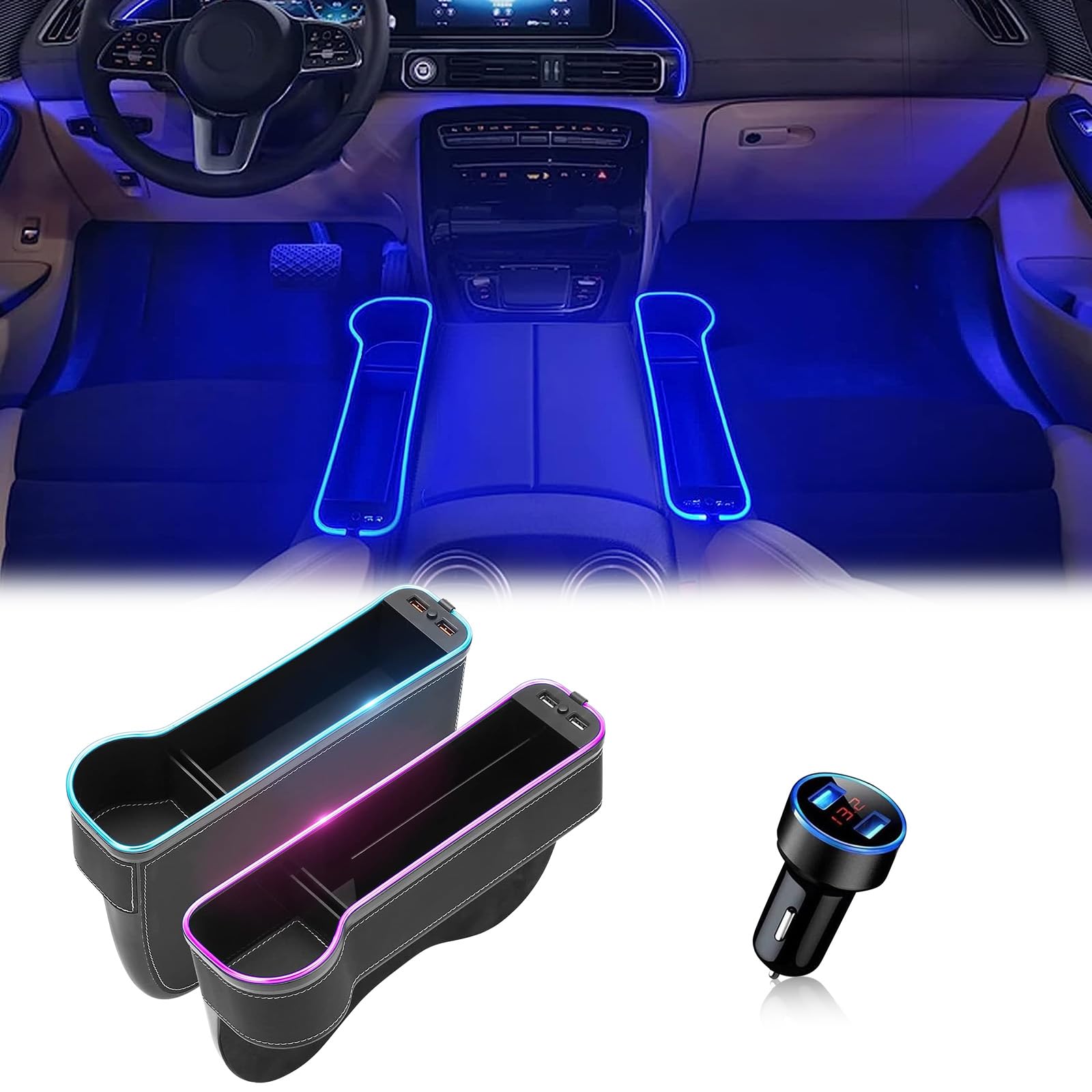Panthem Car Seat Organiser with 7 Color Changing LED Lights, USB Fast Charging Port and Cup Holder, Multifunctional Front Seat Organiser, Car Gap Filler Storage Box, 2 Pack