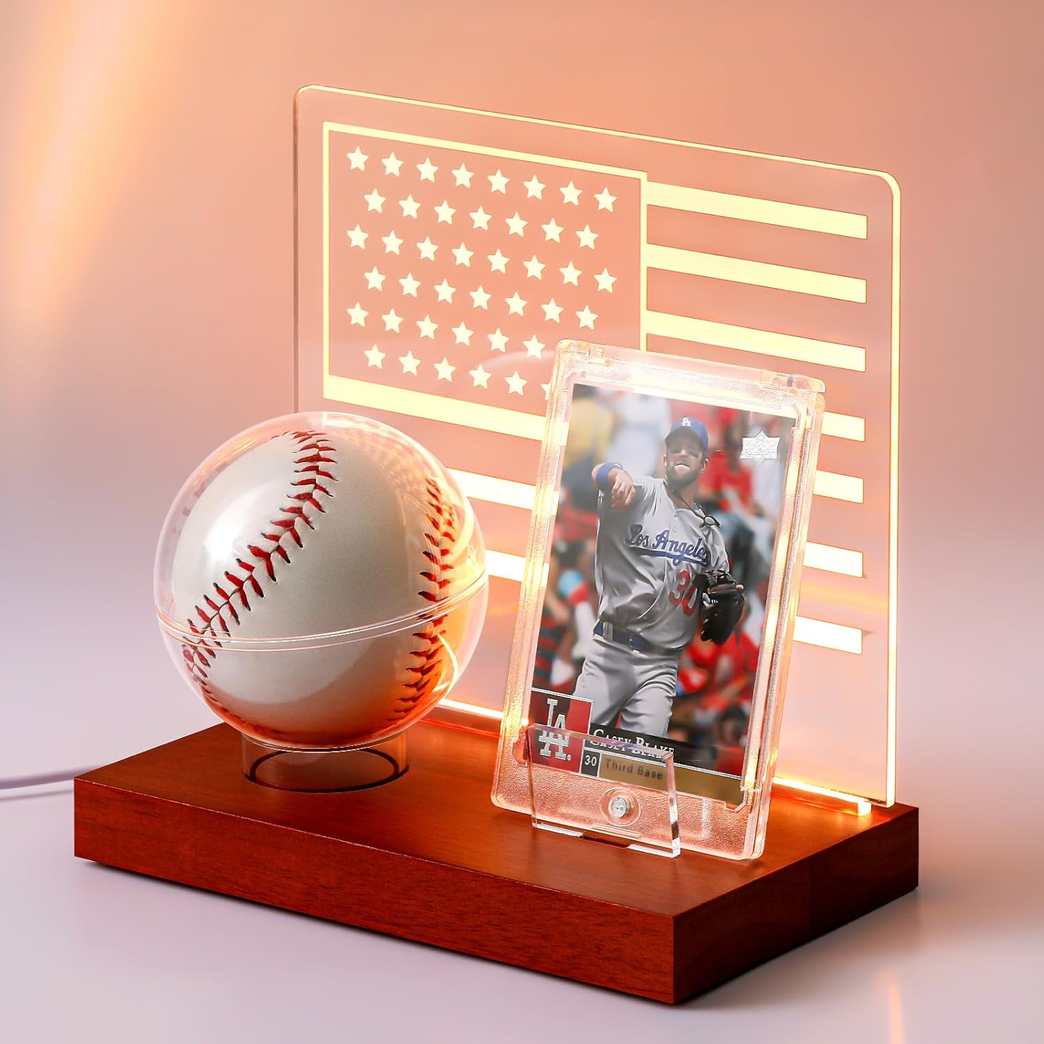 Acrylic Baseball Holder Display Case for Ball and Card with 3 Color LED Light Wood Base Display Case Ring Stand Centerpiece Protector Gift for Memorabilia Showcase (American Flag)