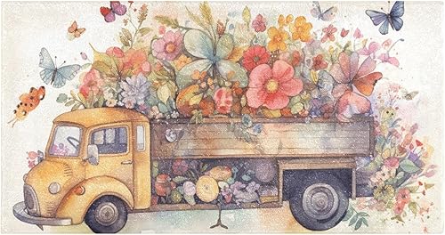 Alfombra de felpa de camión con mariposas y flores para baño, absorbente y antideslizante, alfombra lavable de baño con parte trasera de goma, 39 x