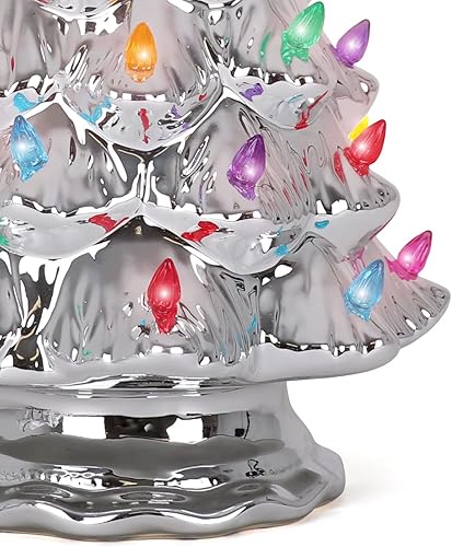 Miniatura 3 de Árbol de Navidad de cerámica  Árbol de Navidad de mesa con luces  (árbol de Navidad plateado grande de 15.5 pulgadasluces multicolores)  Árbol de