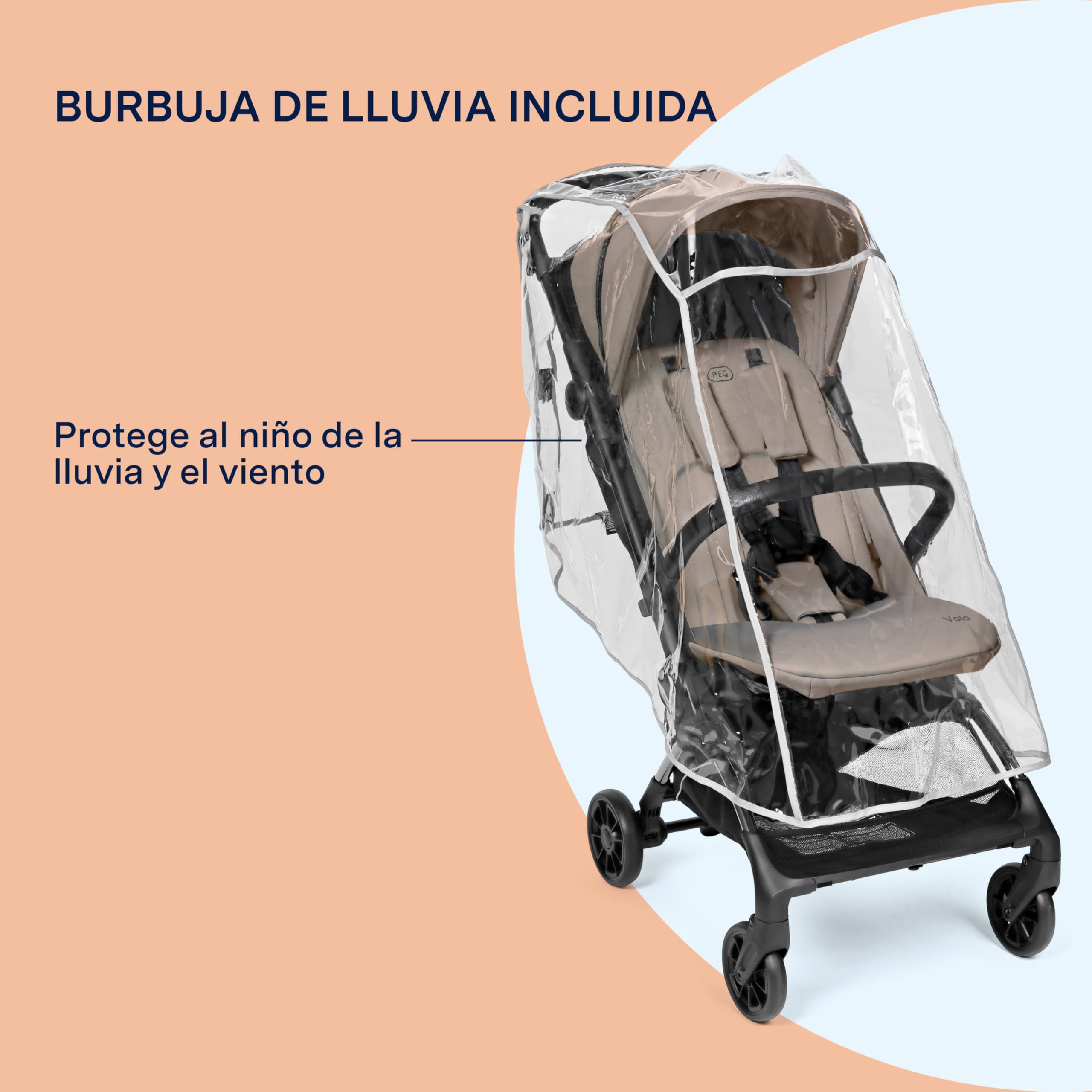 PEG Cochecito Ligero Volo con Burbuja de Lluvia, Apto Avión, Compacto, Equipaje de Mano, Desde Recién Nacido hasta 22 kg, Bolsa de Viaje Incluida, Mon Amour