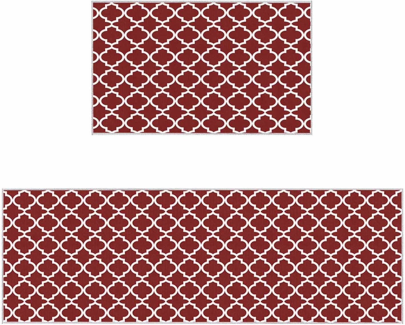 2 Pieces Kitchen Rugs and Mats,Modern Morocco Geometric Tile Pattern Area Runner Rug Set Non Slip Floor Doormat Washable Carpet Standing Mat for Kitchen Sink Indoor Corridor,Farmhouse Burgundy Red