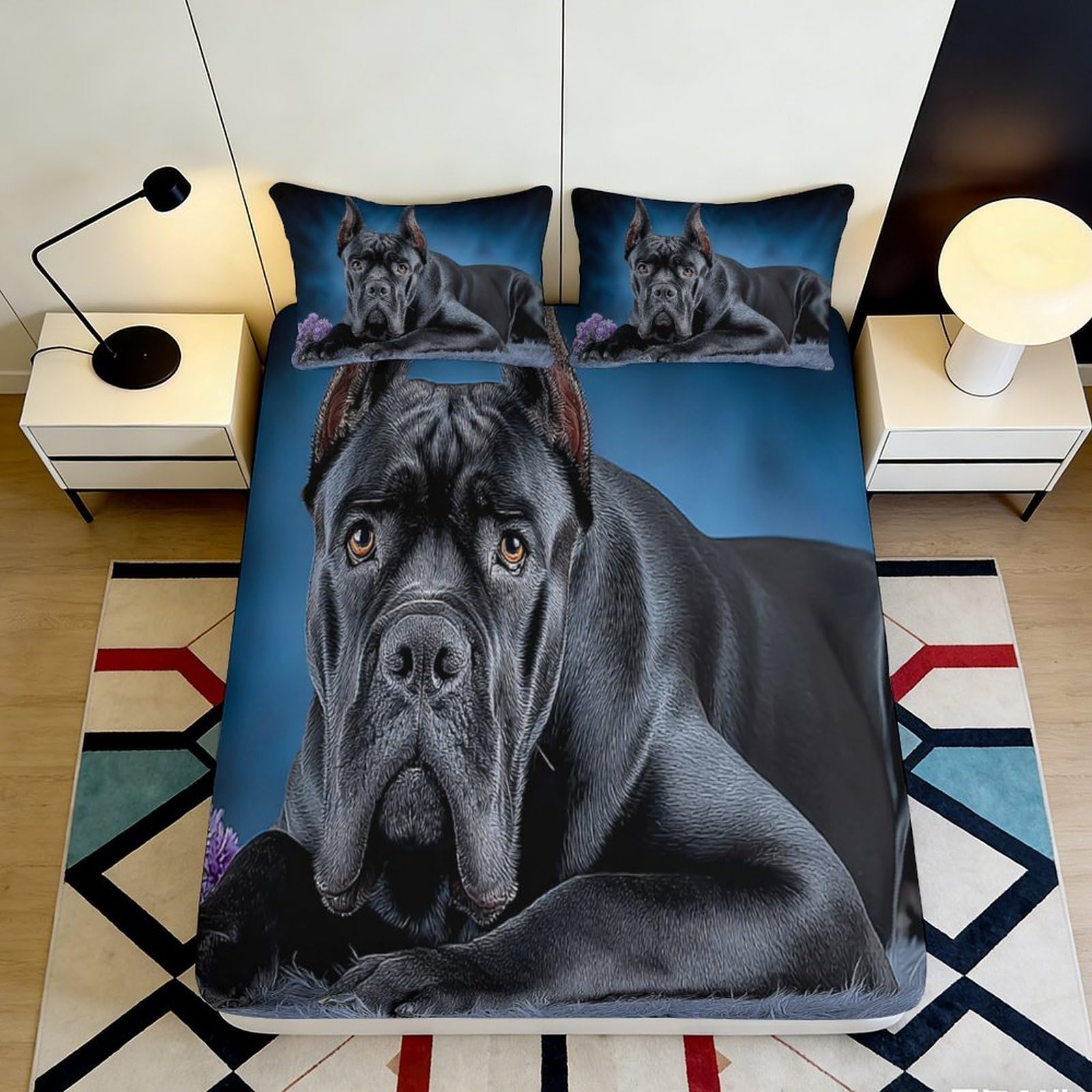 3D Printed Black Cane Corso Dog Fitted Sheet Microfiber Durable Soft Bed Cover for Bedroom Dormitory Guest Room Mattress Protection Decor 90x200x25cm