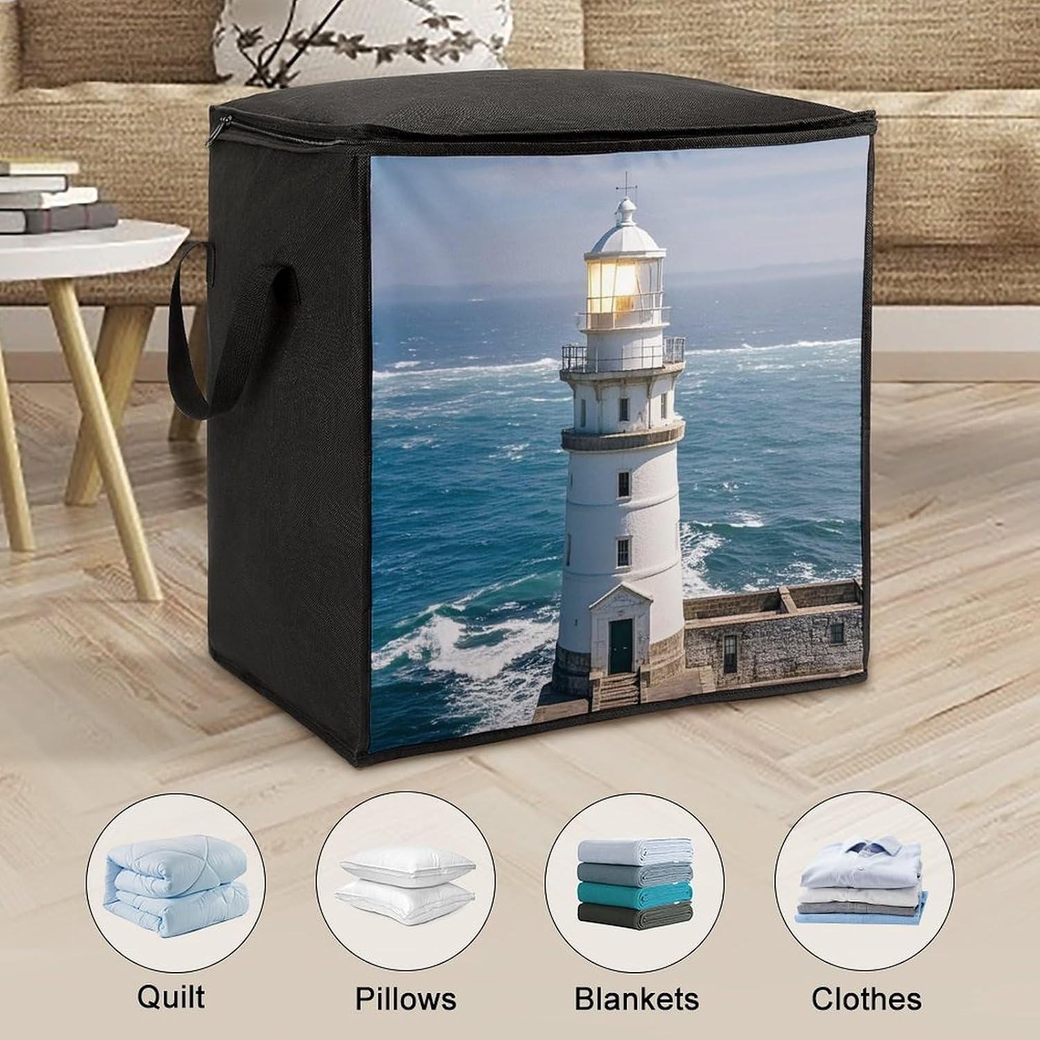 Large Lighthouse Sandbeach Storage Bags with Handle Foldable Closet Organizers Clothes Storage Bins Bedding Storage Containers Fabric Moving Bags Blanket Comforter Storage Bag 70L