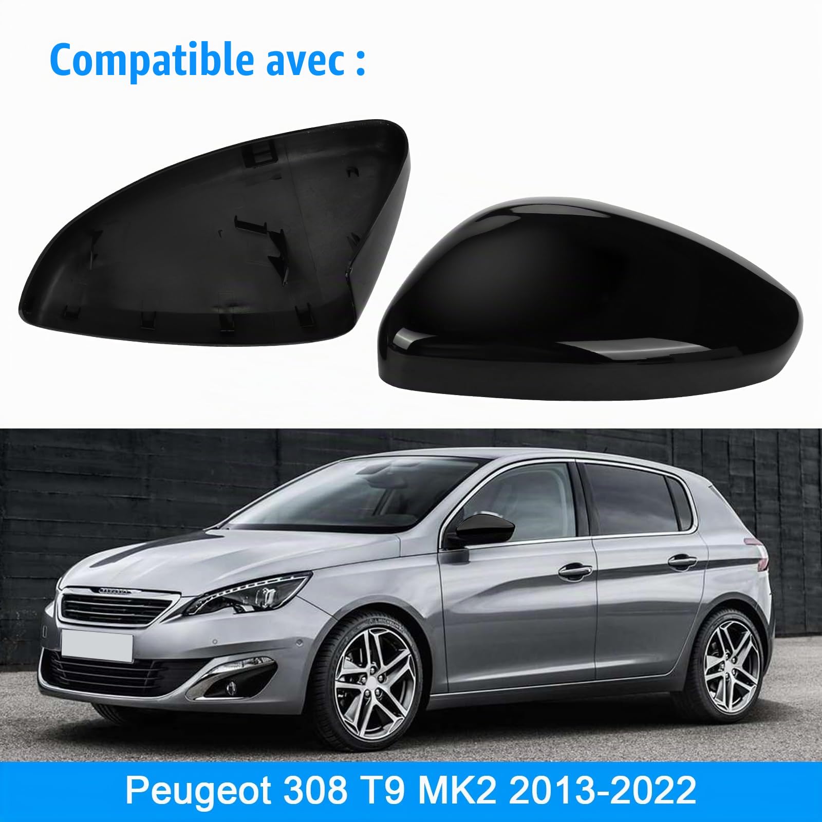 Capuchon de Rétroviseur Remplacement pour Peugeot 308 T9 MK2 2013-2022, Coque Retroviseur Exterieur De Voiture Couvercle Capuchon de Retroviseurs (Noir)