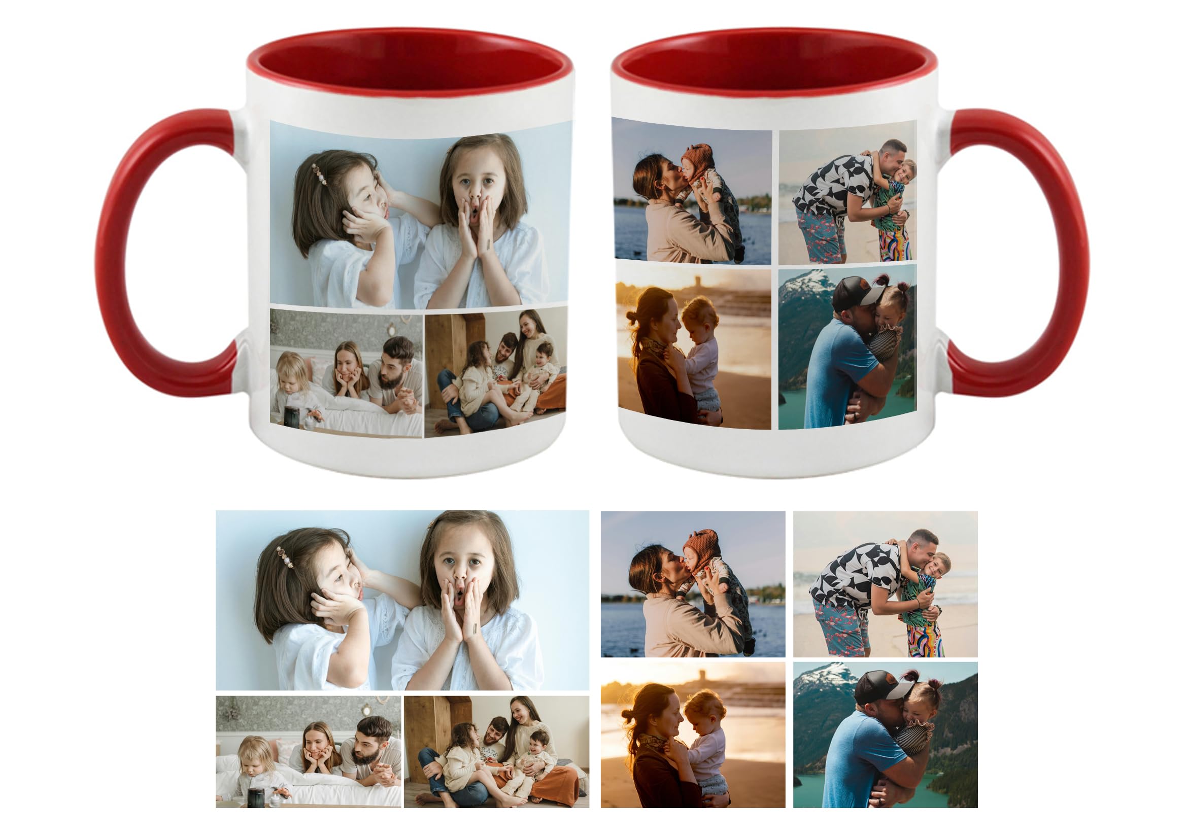 Personalised with Multi Photo Collage Mug Memorable Gift for Family,Friends,Birthday,Any Occasion Coffee Tea 11oz Inside Coloured Ceramic Mug. (7 Photo, Red)