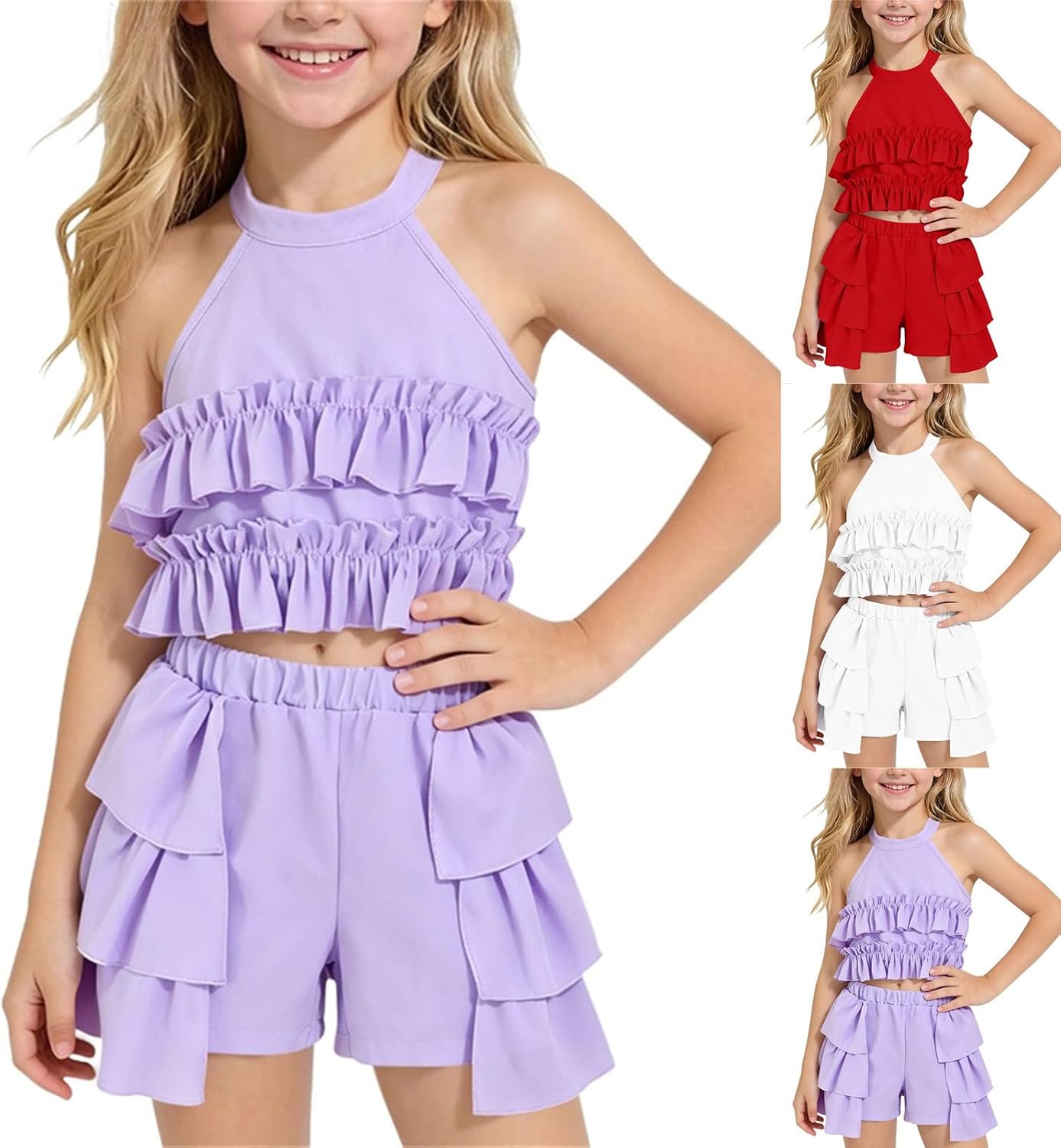 Two Piece Cute Clothing Set for Girls Sleeveless Ruffle Trim Crop Tank High Elastic Wide Leg Shorts Dance Outfit