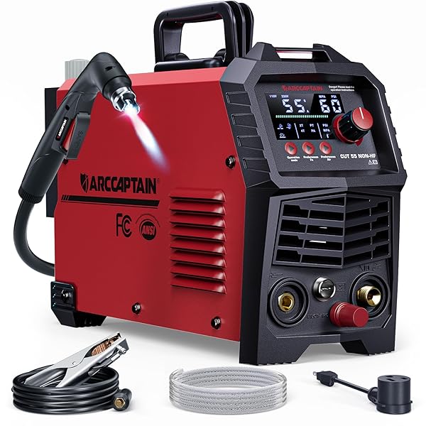 ARCCAPTAIN 55Amp Plasma Cutter, Blowback Non-HF Pilot Arc Plasma Cutting Machine, Large LED Display IGBT Inverter 110/220V Dual Voltage, 3/5" Clean Cut, Mesh Cutting, Rust Removal, PA PT Adjustable
