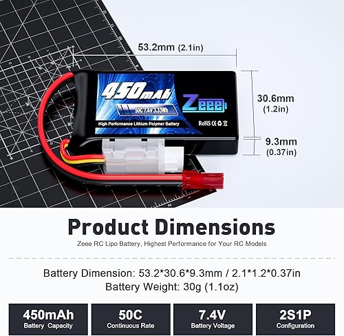 Miniatura 2 de Zeee 2S Lipo Batería 450mAh 7.4V 50C Soft Pack Batería RC con enchufe JST para FPV Drone Quadcopter Helicóptero Avión RC Barco RC Car RC Modelos (4