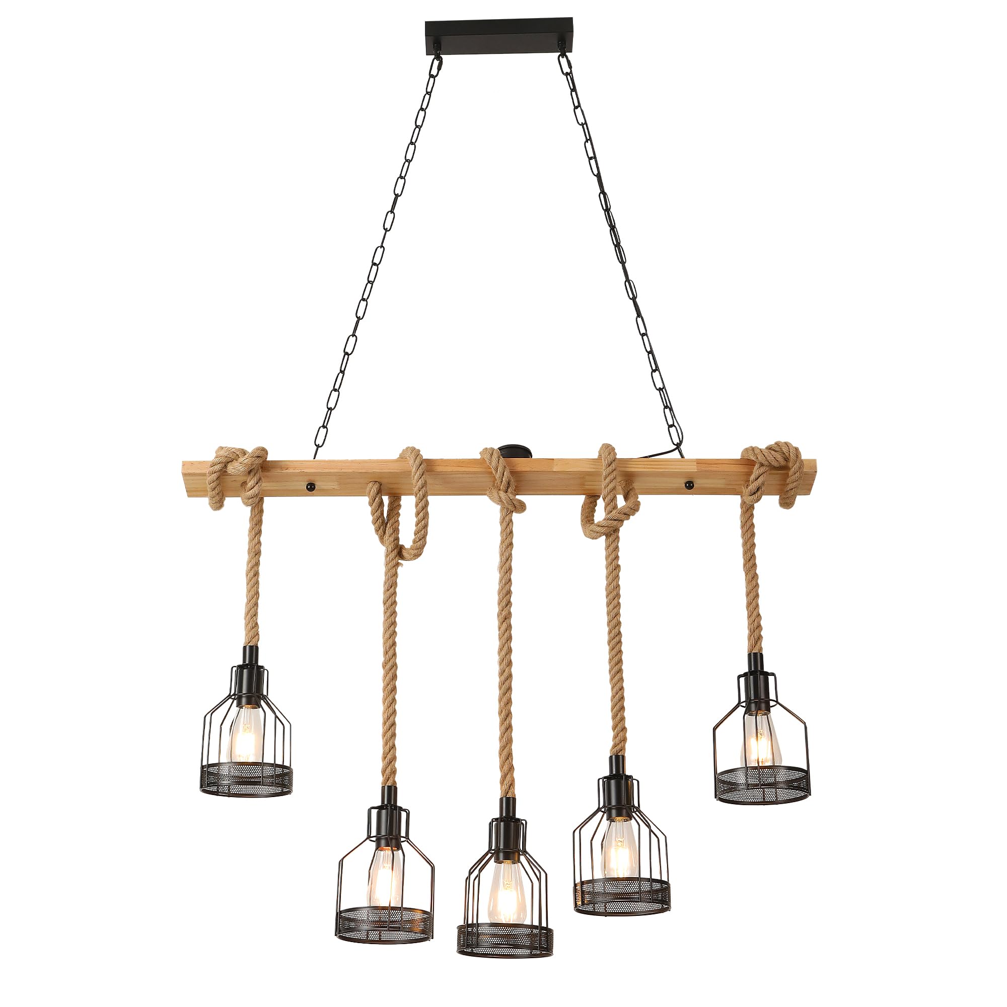 Lustre RéTro En Corde De Chanvre, Suspension En Bois, Suspension Industrielle E27, Plafonnier Cage MéTallique à 5 TêTes, Abat-Jour Marocain Pour Salle à Manger, Chambre, Restaurant, Cuisine