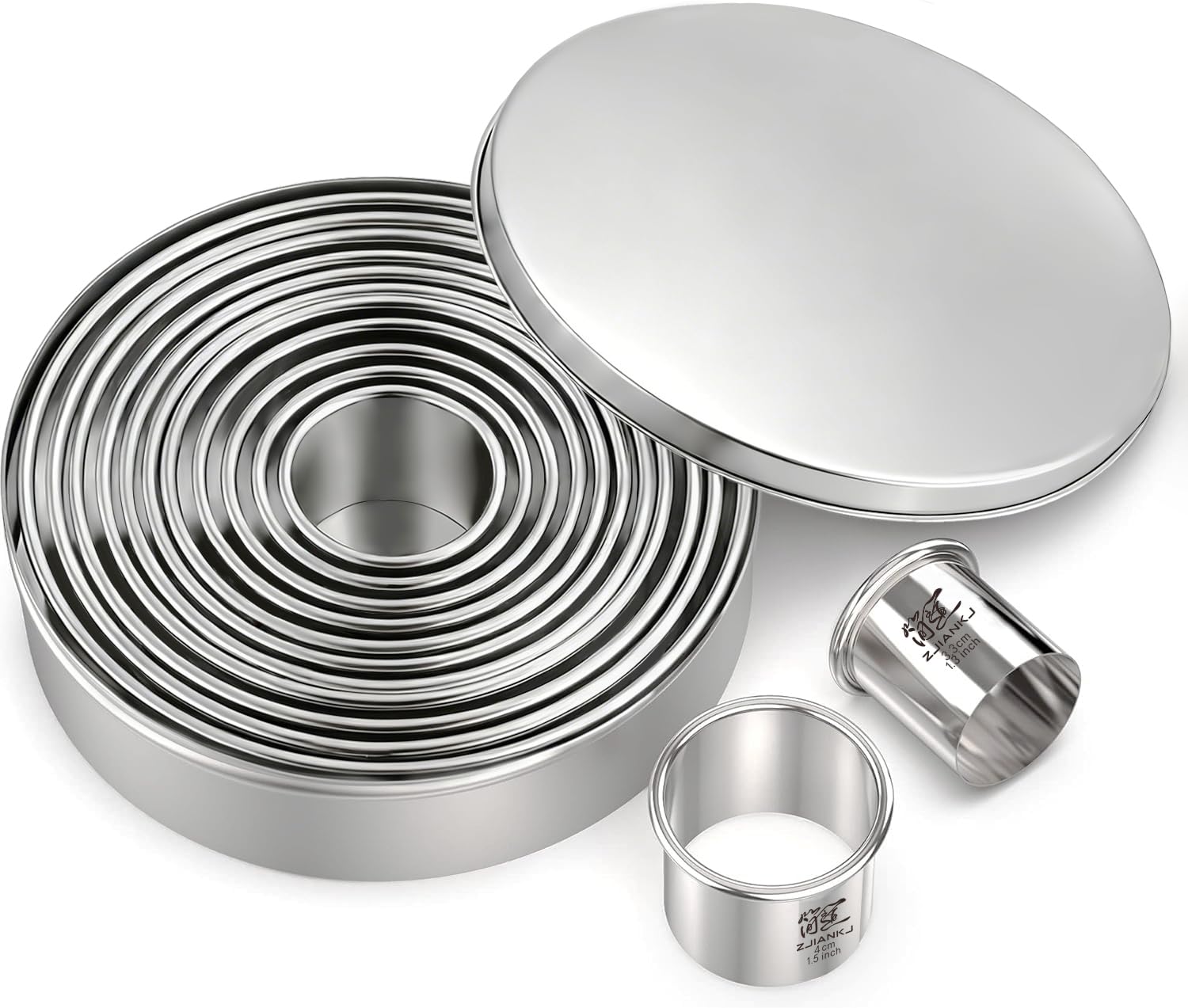 ZJIANKJ 11 Pieces Round Biscuit Cookie Cutters Set(1.3/2/3/4/4.4 Inch), Professional Stainless Steel Pastry Cutter Biscuit Cutters for Baking with Storage Box for Cake Pastries Doughs Doughnuts