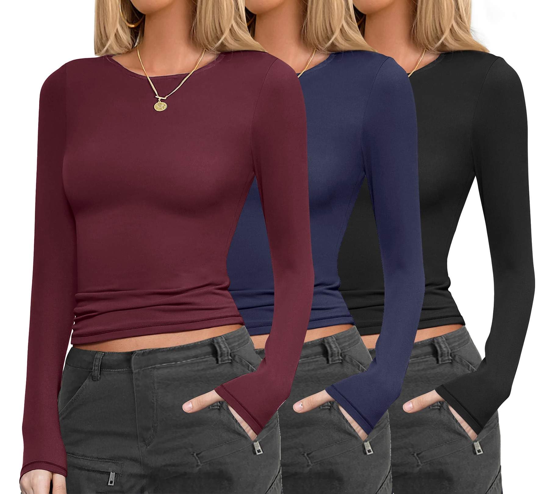 Ekouaer Womens 3 Pack Long Sleeve Shirts Fitted Tops Underscrub Undershirt