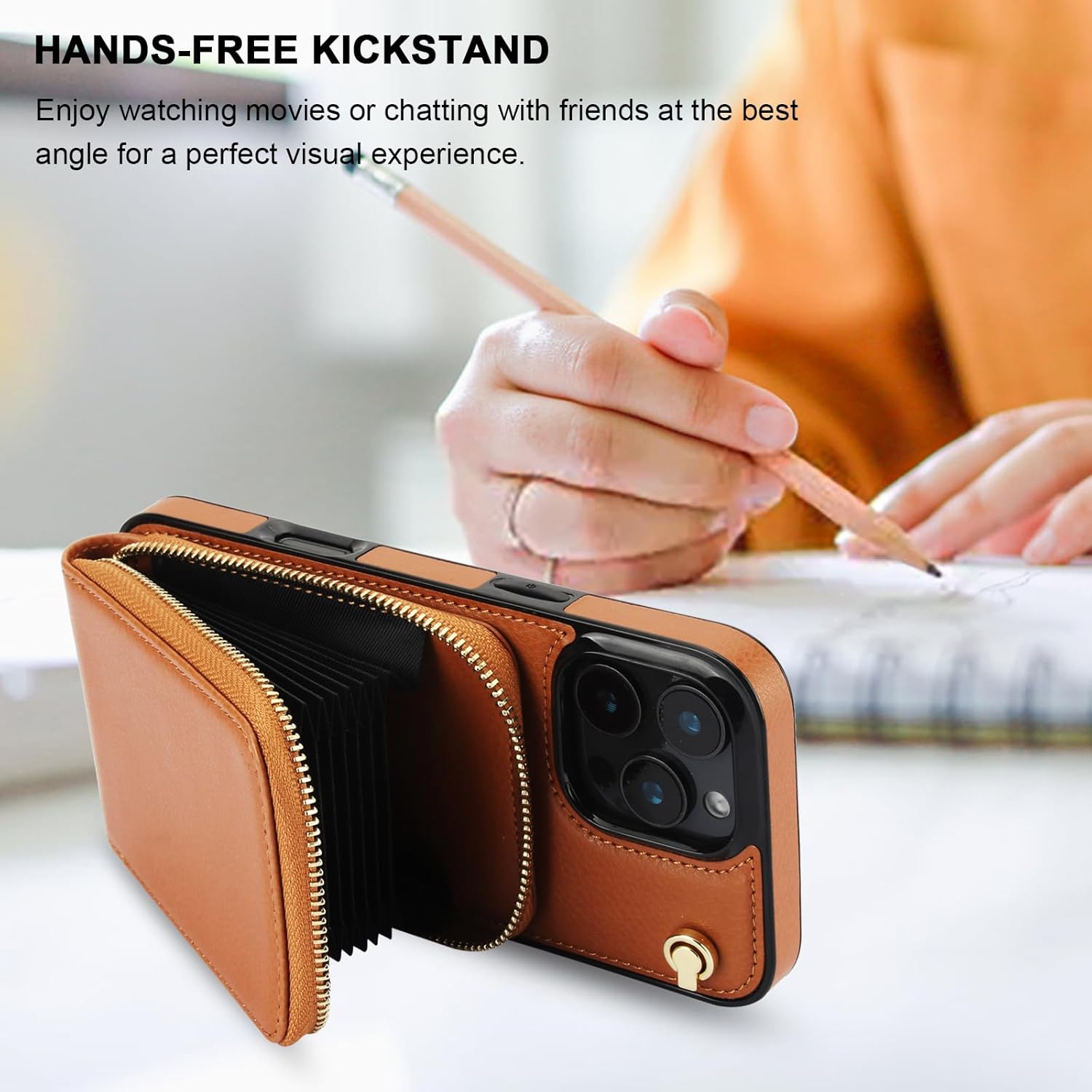 KIHUWEY Crossbody Wallet Case for iPhone 16 Pro Max, Zipper Pocket Case with Card Holder, PU Leather RFID Blocking Protective Cover with Kickstand and Detachable Wrist Strap Lanyard 6.9" (Brown) - Image 4