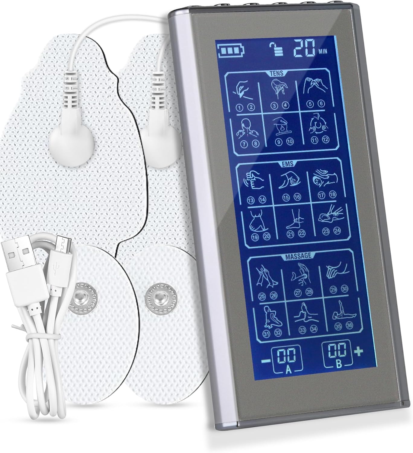 TENS EMS Unit Muscle Stimulator, Dual Channel 36 Modes Rechargeable TENS Machine for Back Neck Shoulder Sciatica Pain Relief, Electronic Pulse Massager for Pain Relief with 4 Premium Pads
