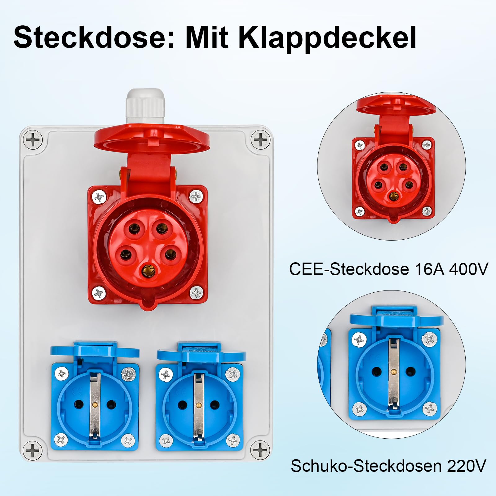 TEOV Kombi Wandsteckdose, CEE-Steckdose 5 polig 16A 400V + 2x Schuko-Steckdose 220V, IP44 Wandsteckdose mit Abdeckung