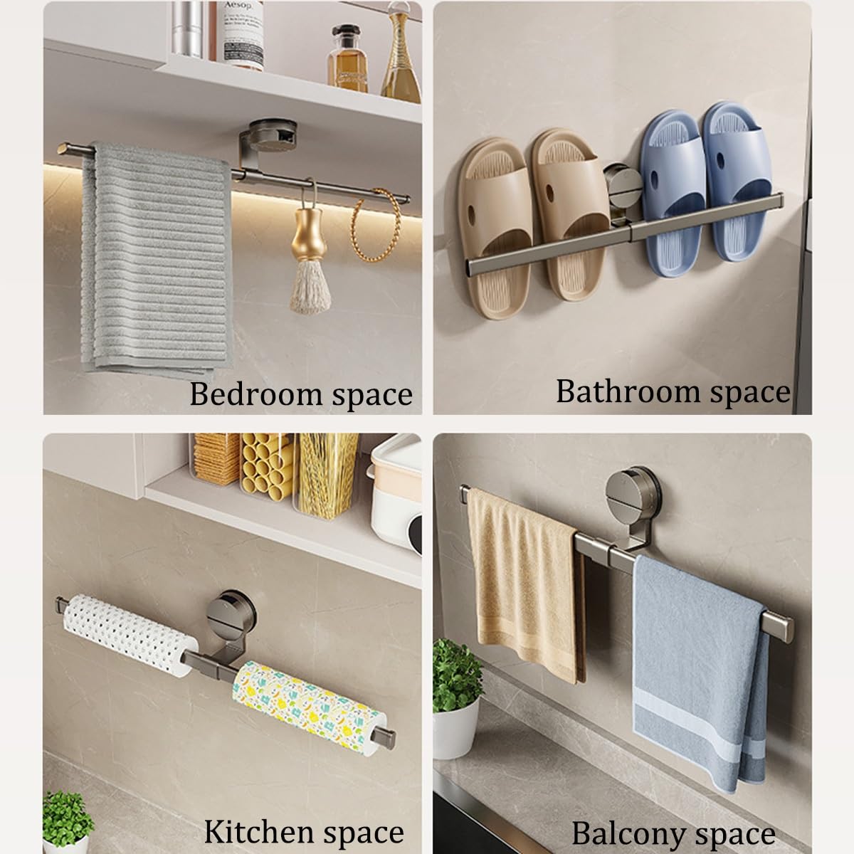 Wieszak na ręczniki bez wiercenia do łazienki i kuchni - 50 cm kosmiczny aluminiowy wieszak na ręczniki, uchwyt na ręczniki z przyssawką, trwały wieszak na ręczniki, łatwy w instalacji drążek na