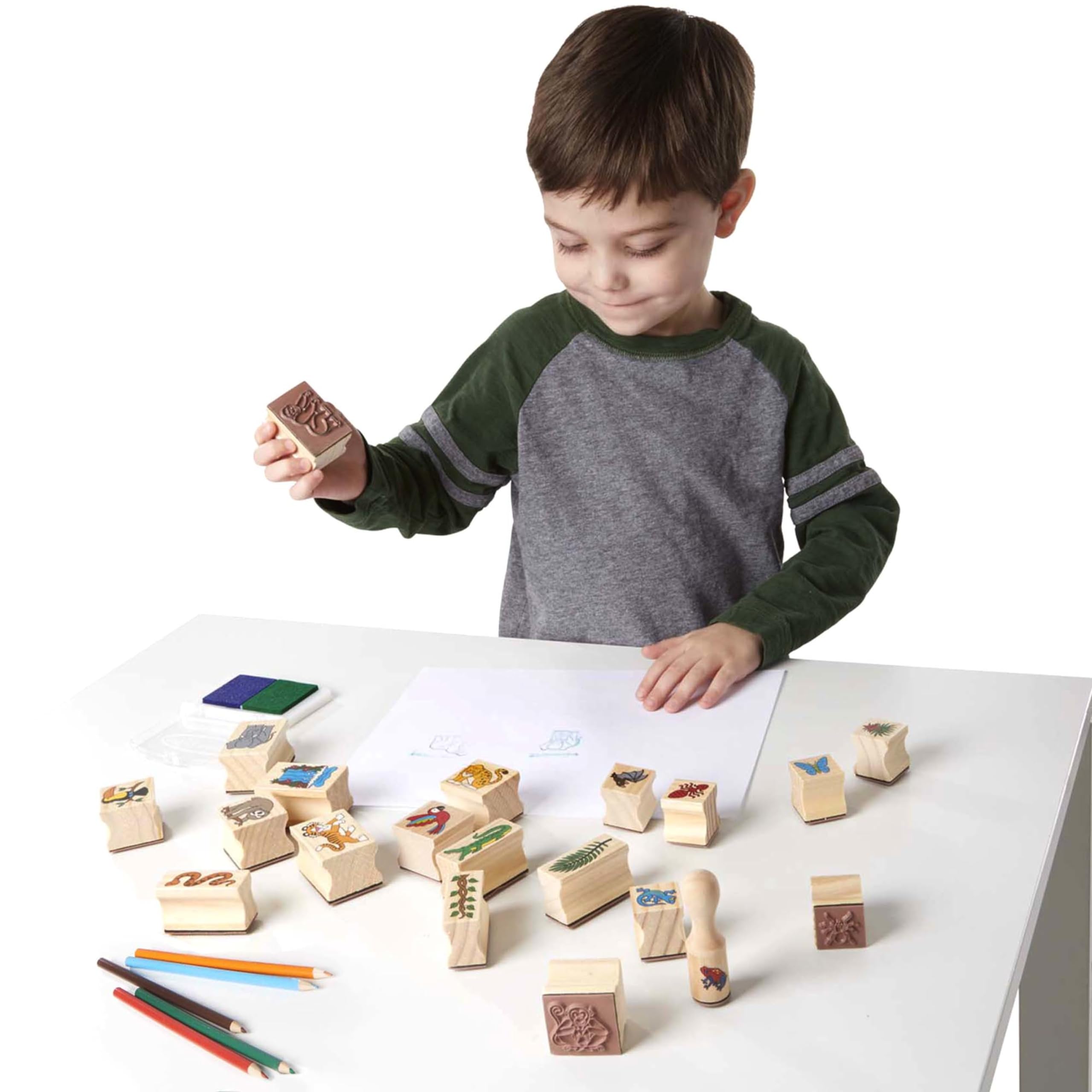 Stamp-a-Scene - Juego de sellos: bosque lluvioso, 20 sellos de madera, 5 lápices de colores y almohadilla de sellos de 2 colores 3