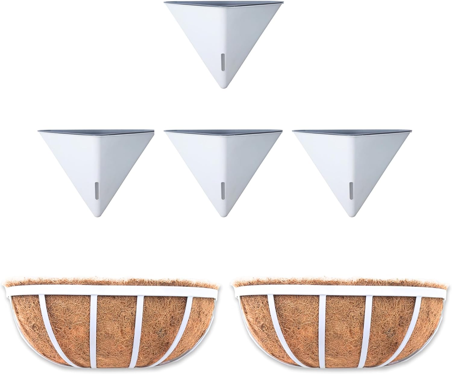 LaLaGreen Bundle- 4 Pack, 12 Inch Large White Self Watering Pot + 2 Pack, 16 Inch Metal Basket with Coco Liner Horse Trough Wall Rail Window Patio Porch Flower Box Geometric Hanging Indoor Vase Decor