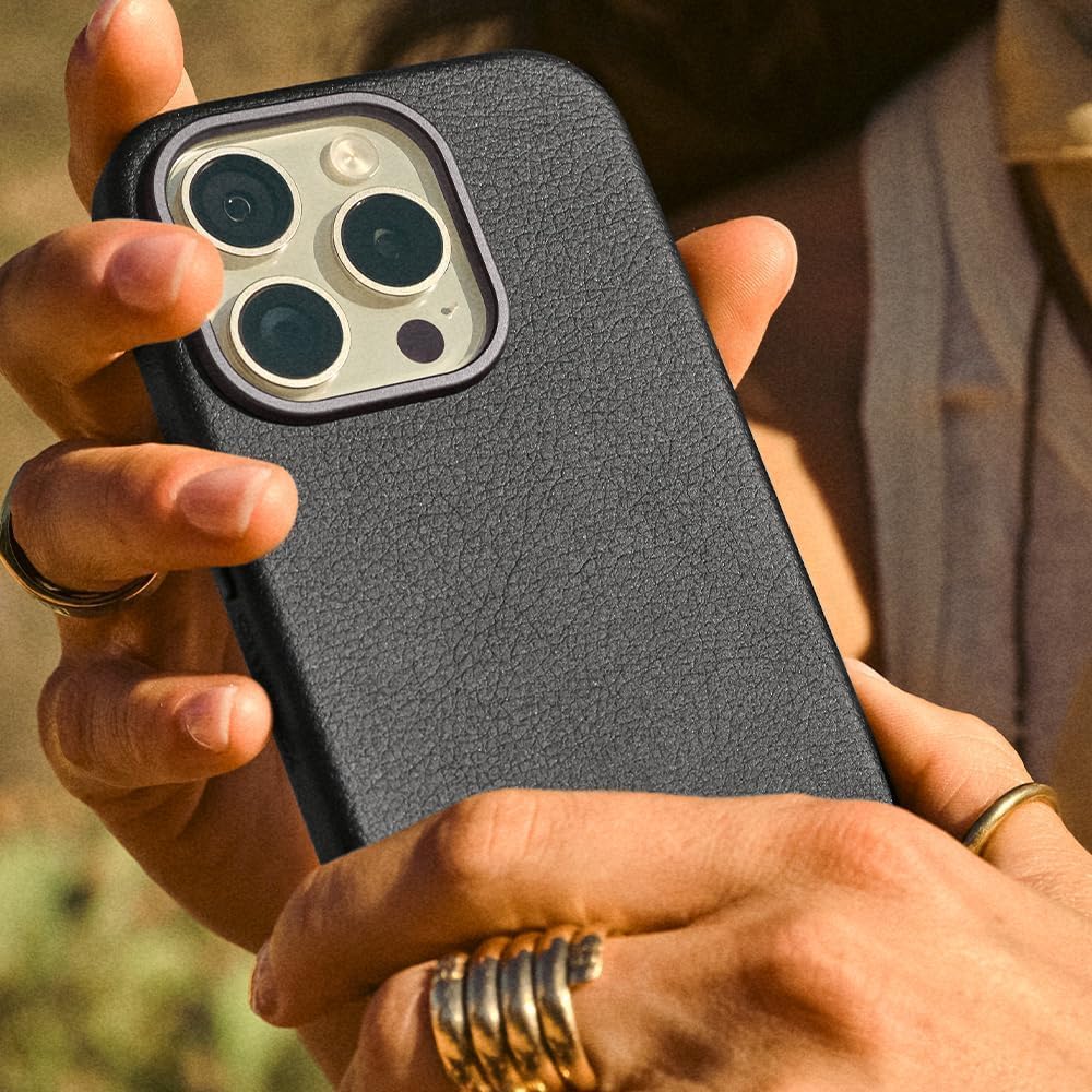 OtterBox iPhone 15 Symmetry Series Cactus Leather for MagSafe - Snaps to MagSafe - Non-Retail Packaging (Black)