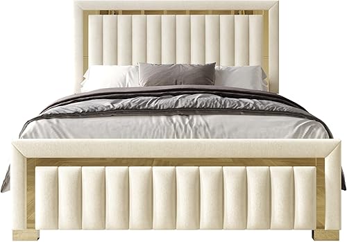 Miniatura 3 de HOME DESIGN Olathe - Base de cama tapizada tamaño Queen, cabecero capitonado de canal vertical con detalles de metal dorado, tela de terciopelo,
