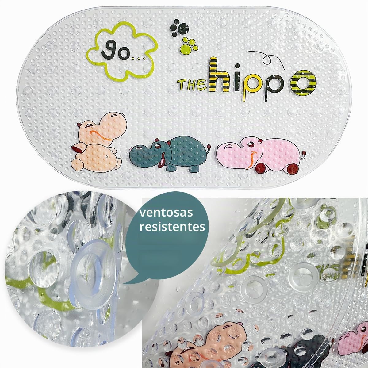 PTAPIPI Alfombra de Baño Antideslizante para Niños 69x39cm - Ovalada de PVC con Ventosas Fuertes, Lavable a Máquina, Multicolor Vibrante (Bonito Hipopótamo de Dibujo Animado) | Alfombrilla antideslizante ovalada con ventosas para bañera y ducha, lavable a