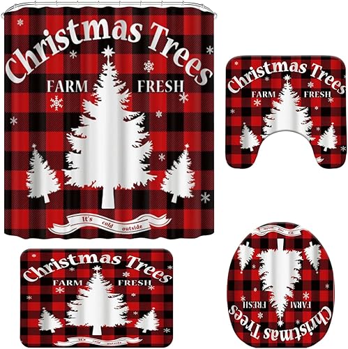 Miniatura 9 de flowerlove Juego de cortinas de ducha de Navidad con alfombras para baño, 4 piezas de tela duradera y ganchos para baño de rejilla roja y negra,