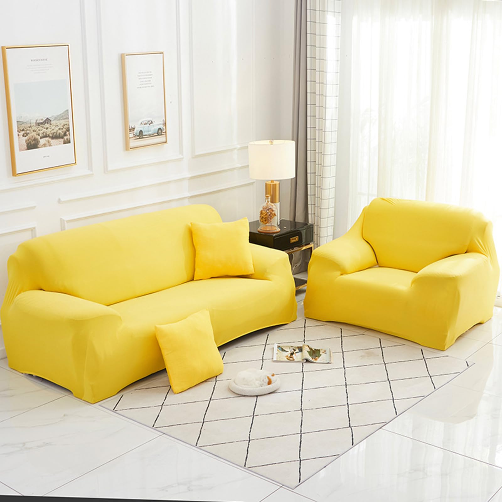 Hearda High Stretch Sofa Covers 1/2/3/4 Seater, Monochrome Soft Elastic Non Slip Sofa Slipcover Washable Universal Couch Sofa Cover for Kids Pets Living (2-Seater,Yellow)