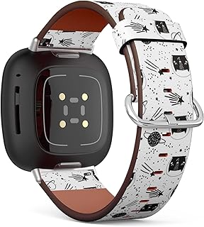 CJBROES Replacement Leather Watch Band, Compatible with Fitbit Versa 3 and Fitbit Sense of Wristband Bracelet Accessory - Childish-Cute-Cats