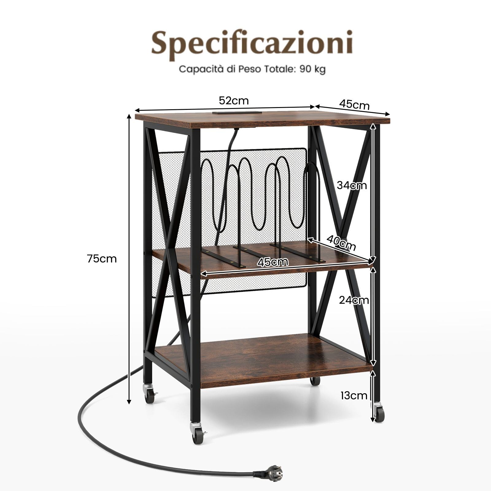 COSTWAY Supporto per Giradischi, Supporto per Giradischi in Vinile con Presa di Corrente e Porta USB, Ruote Bloccabili, 3 Livelli, per Soggiorno, Camera da Letto, 52 x 45 x 75 cm (Marrone)