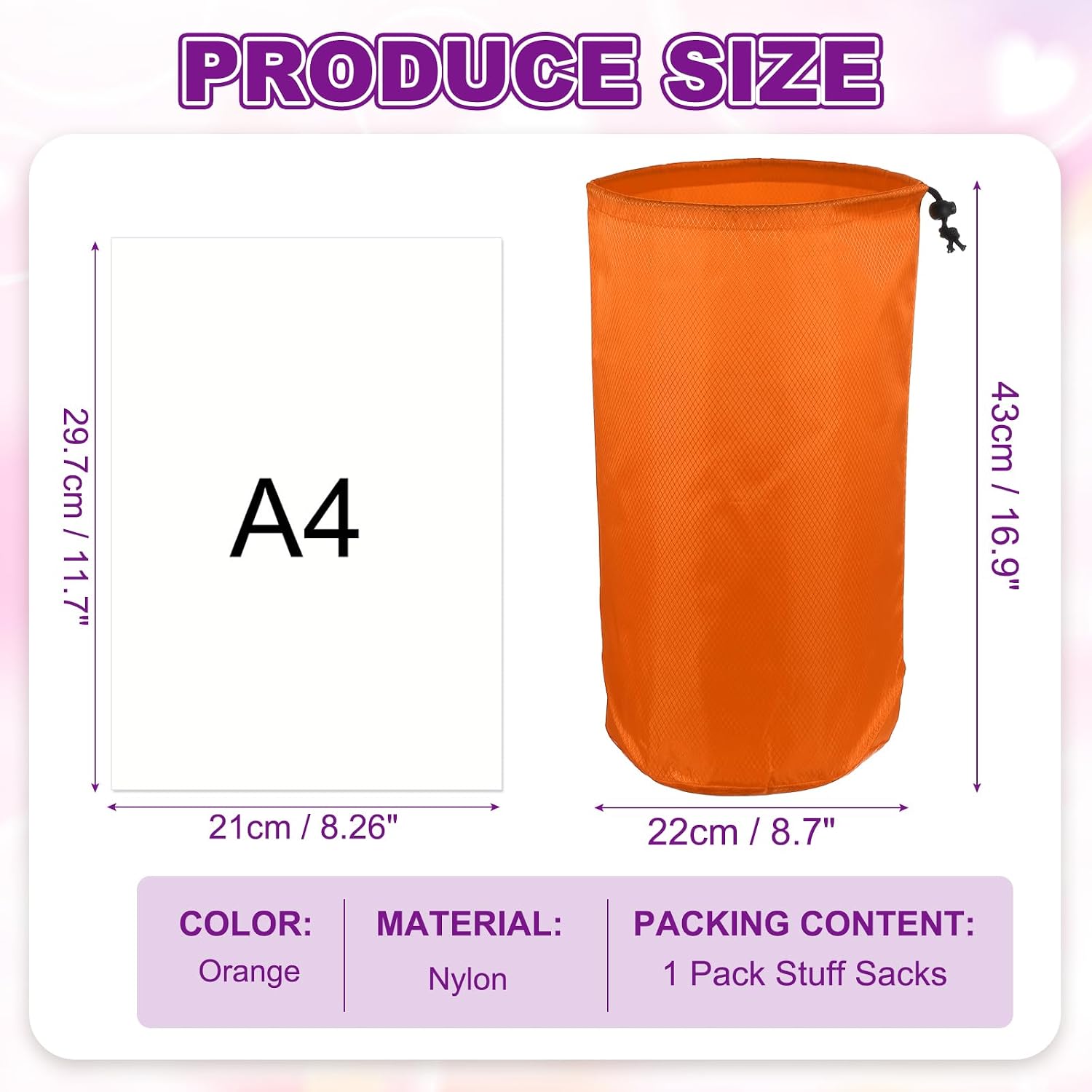 Stuff Sack, Waterproof Ditty Bags Storage Sacks Portable Outdoor Ultralight Drawstring Dry Stuff Bag Gear with Toggle 9x17In & Orange for (Backpacking Camping Traveling Hiking) image 2