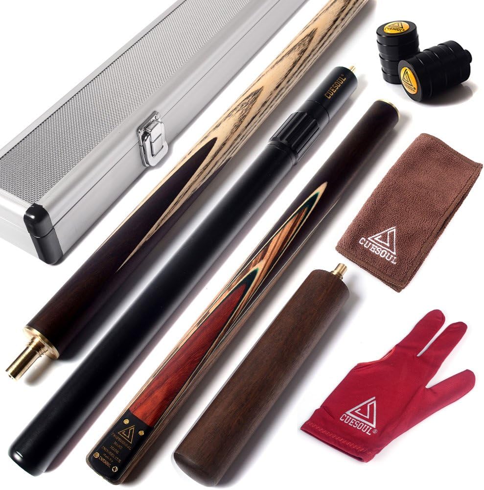 CUESOUL 57" 3/4 Jointed Snooker Billiard Pool Cue Handcrafted 18oz with Telescopic Aluminium Extension & 6" Walnut Extension, Ash Shaft & Walnut Butt, in Aluminium Cue Case, 9.5mm Tip Snooker Cue Set