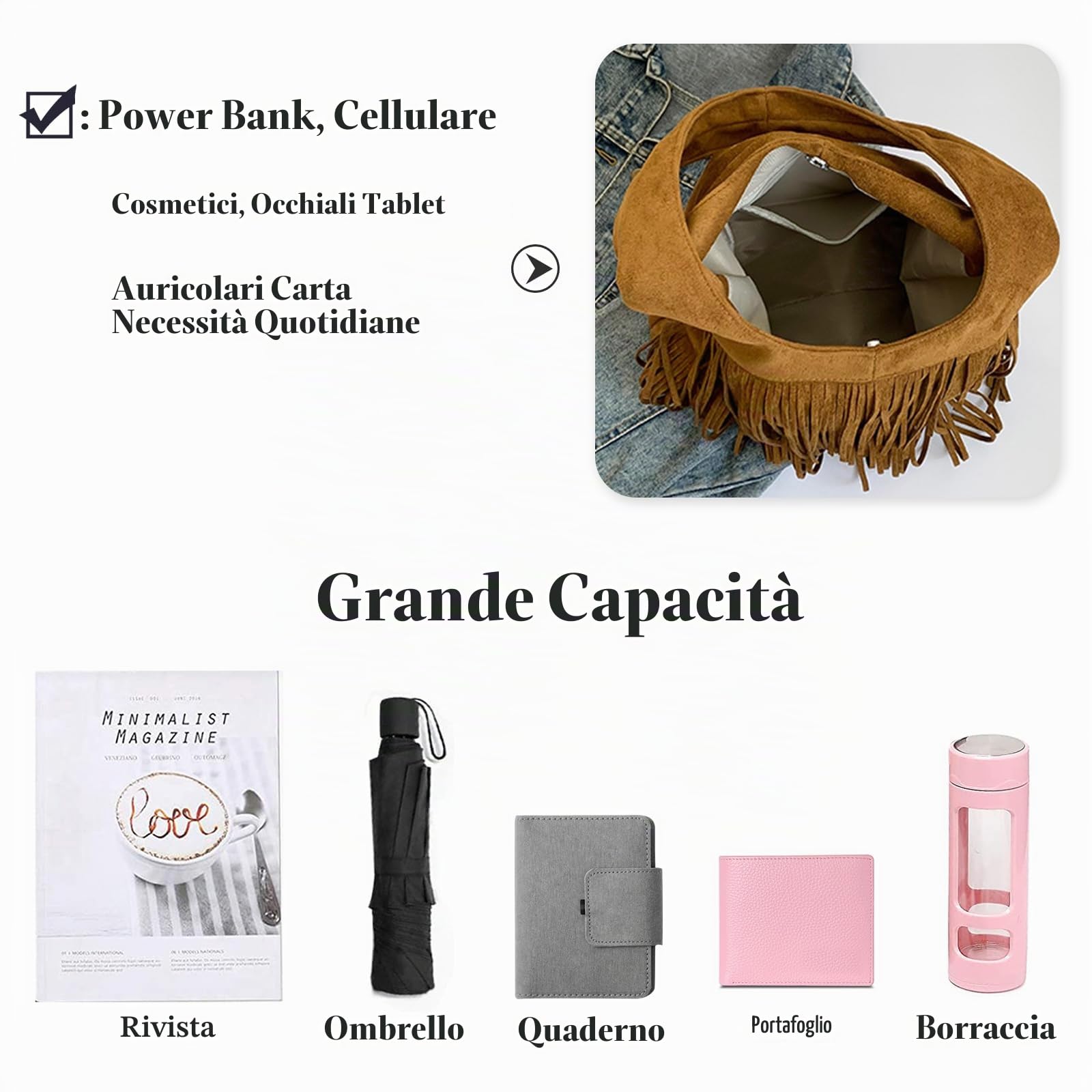 CORIOS Borsa a Mano in Pelle Scamosciata da Donna Con Frange Hippie Occidentale - Grande Tracolla per Spesa, Lavoro, Shopping, Viaggio - Stile Retro Elegante Nero