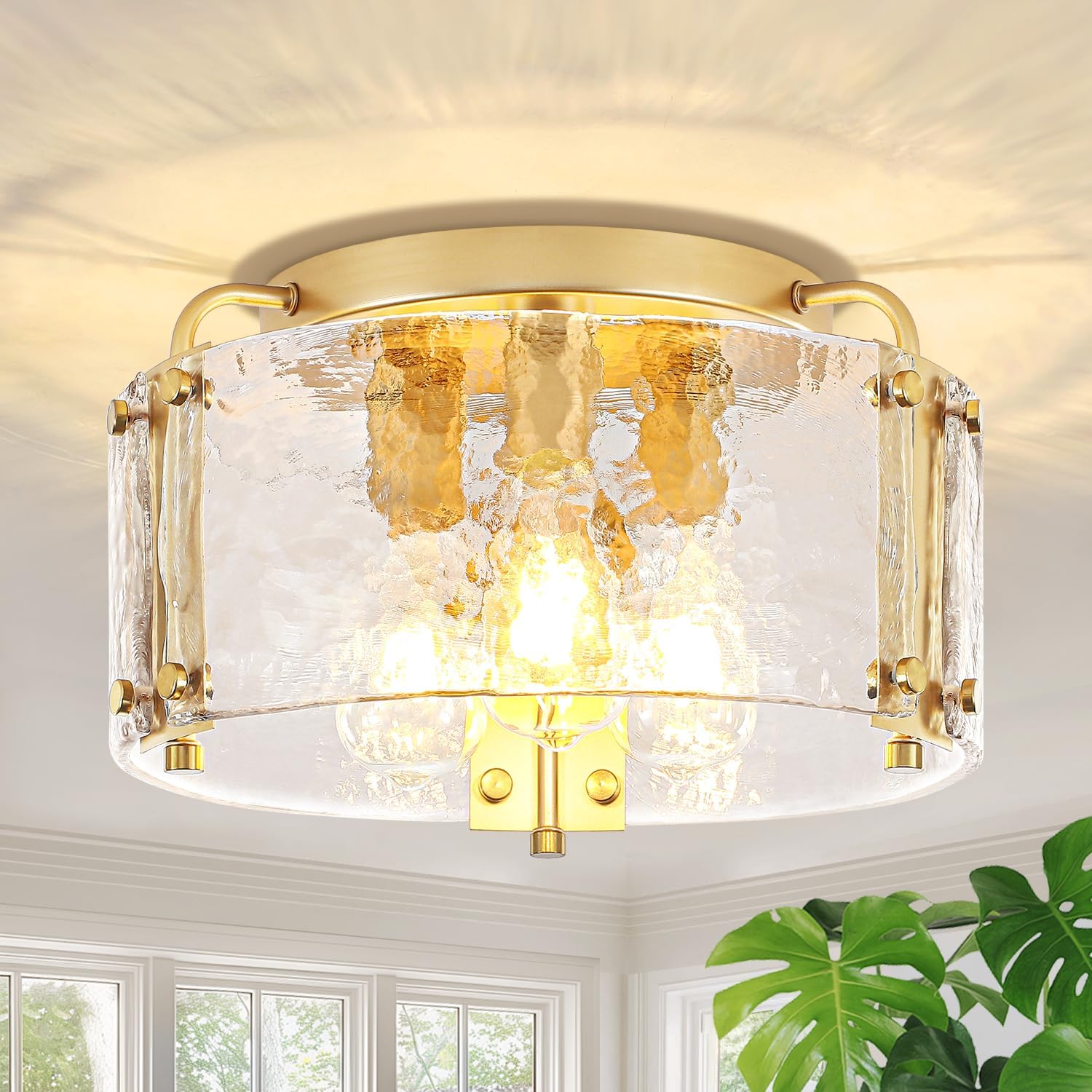 TOULMJ 15'' Modern Gold Semi Flush Mount Ceiling Light, 3-Light Hammered Glass Kitchen Ceiling Lighting Entryway Light Fixtures Ceiling Lamp for Hallway Foyer Bathroom Laundry Dining Room Bedroom