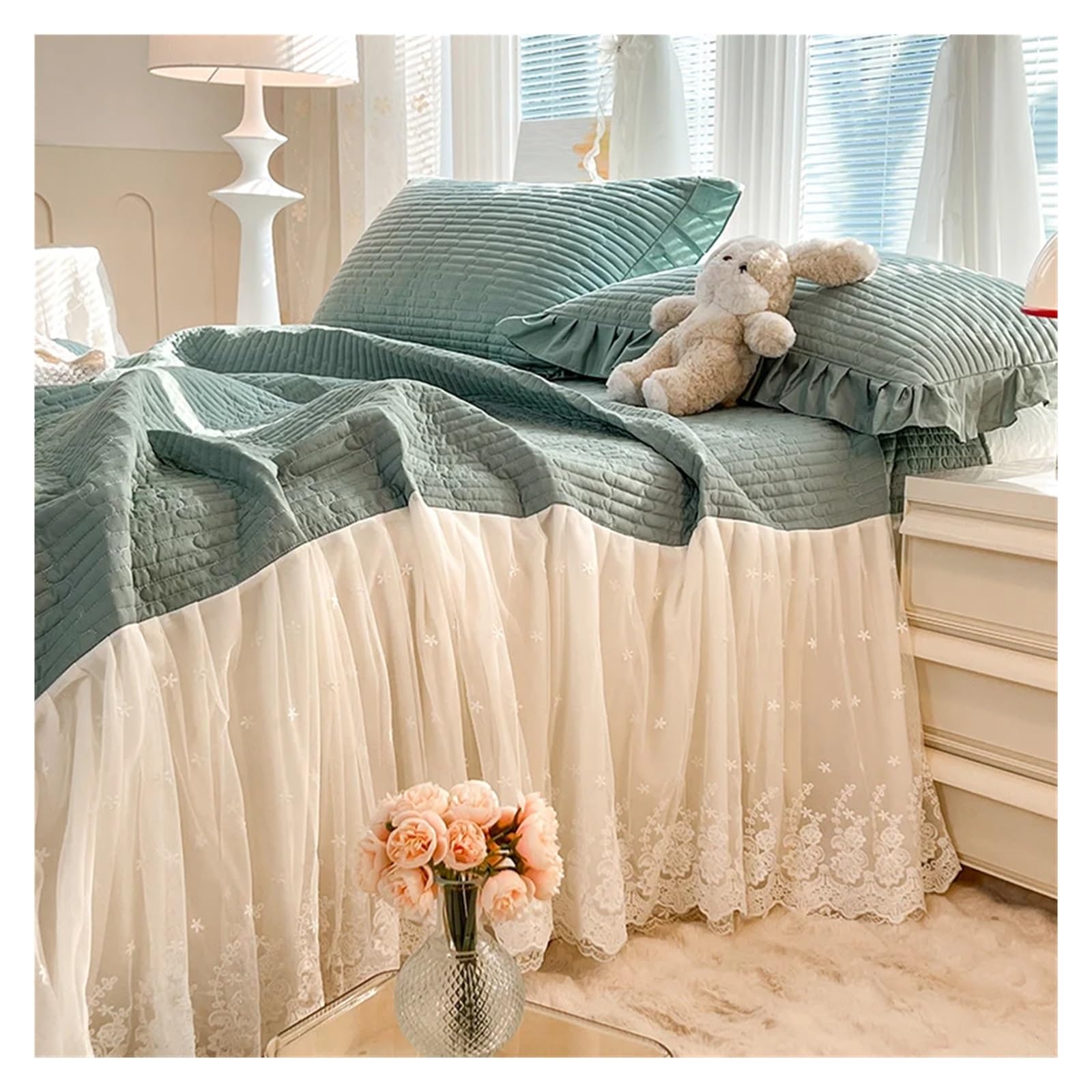 Quilted Cotton Flowers Lace Bed Skirt, Bedspread, Bed Sheet, Bed Cover, Pillowcases, 2/3Pcs Wedding Bedding Set(5,150X200cm 3pcs)