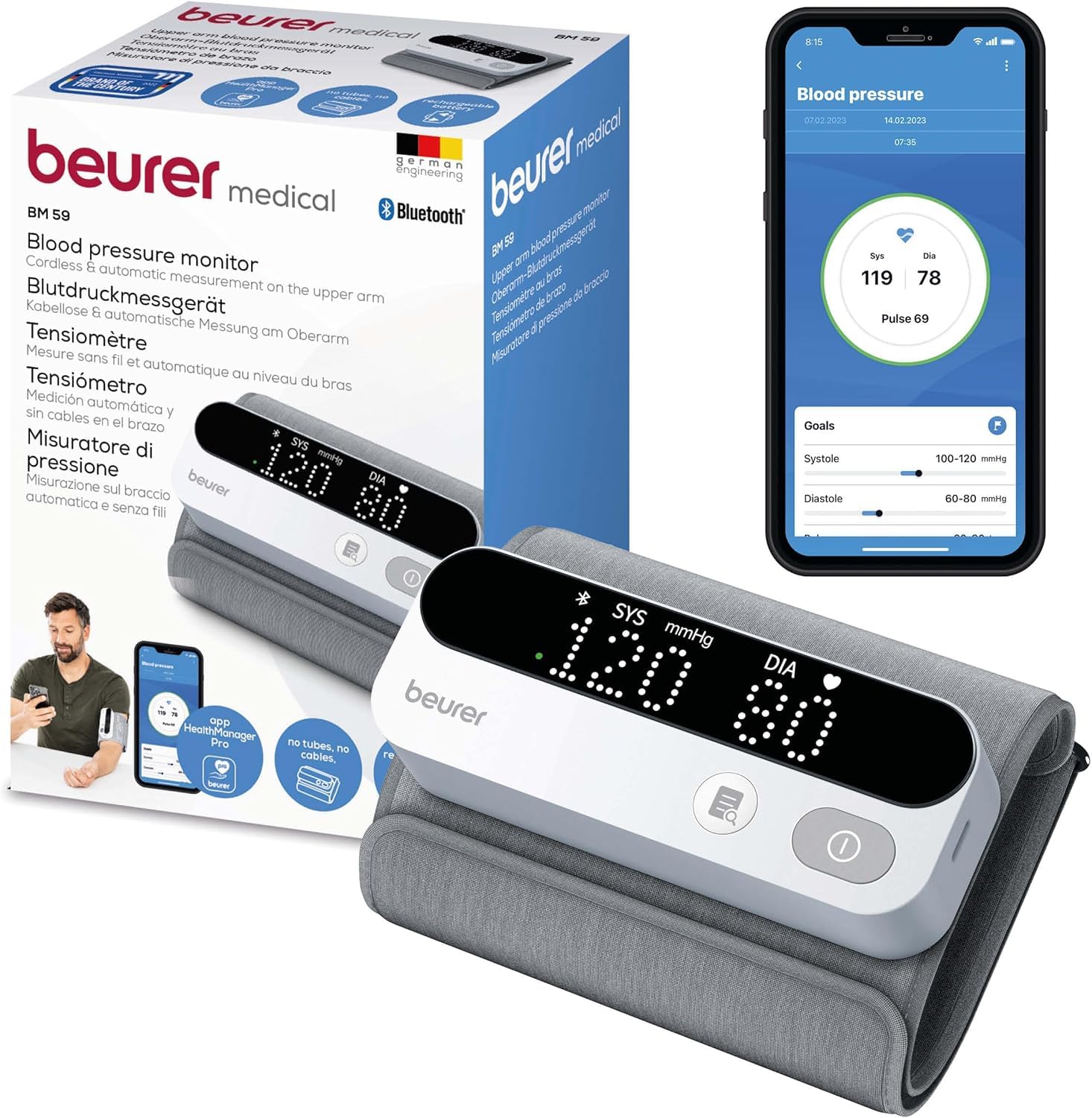 Beurer BM 59 Tensiómetro de Brazo, Brazalete Sin Tubos, Indicador de Riesgo LED, Detección de Arritmias, 22-42 cm, App, Apple Health