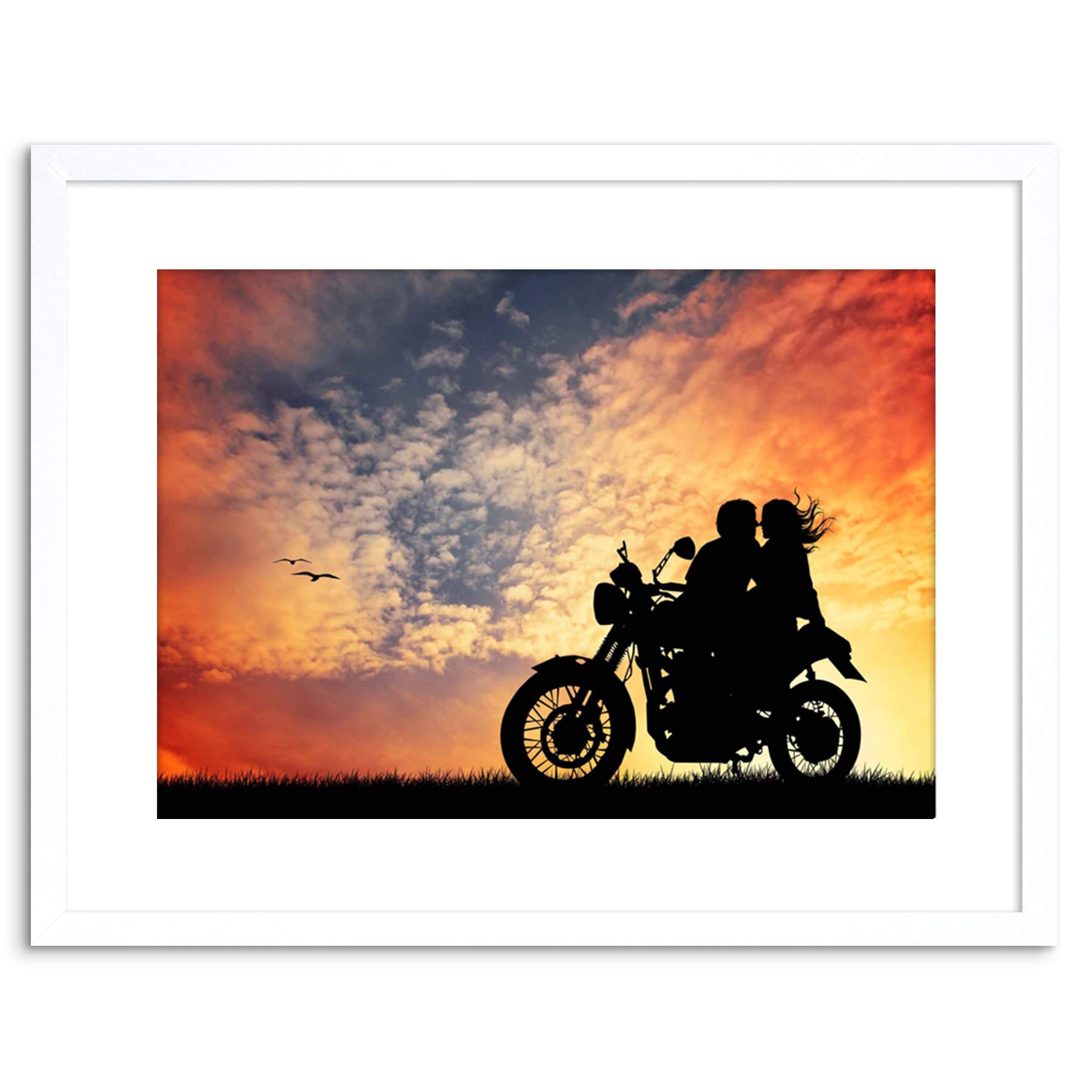 Wee Blue Coo PHOTO MOCK UP SILHOUETTE SUNSET MOTORCYCLE ROMANCE FRAMED PRINT F97X5343