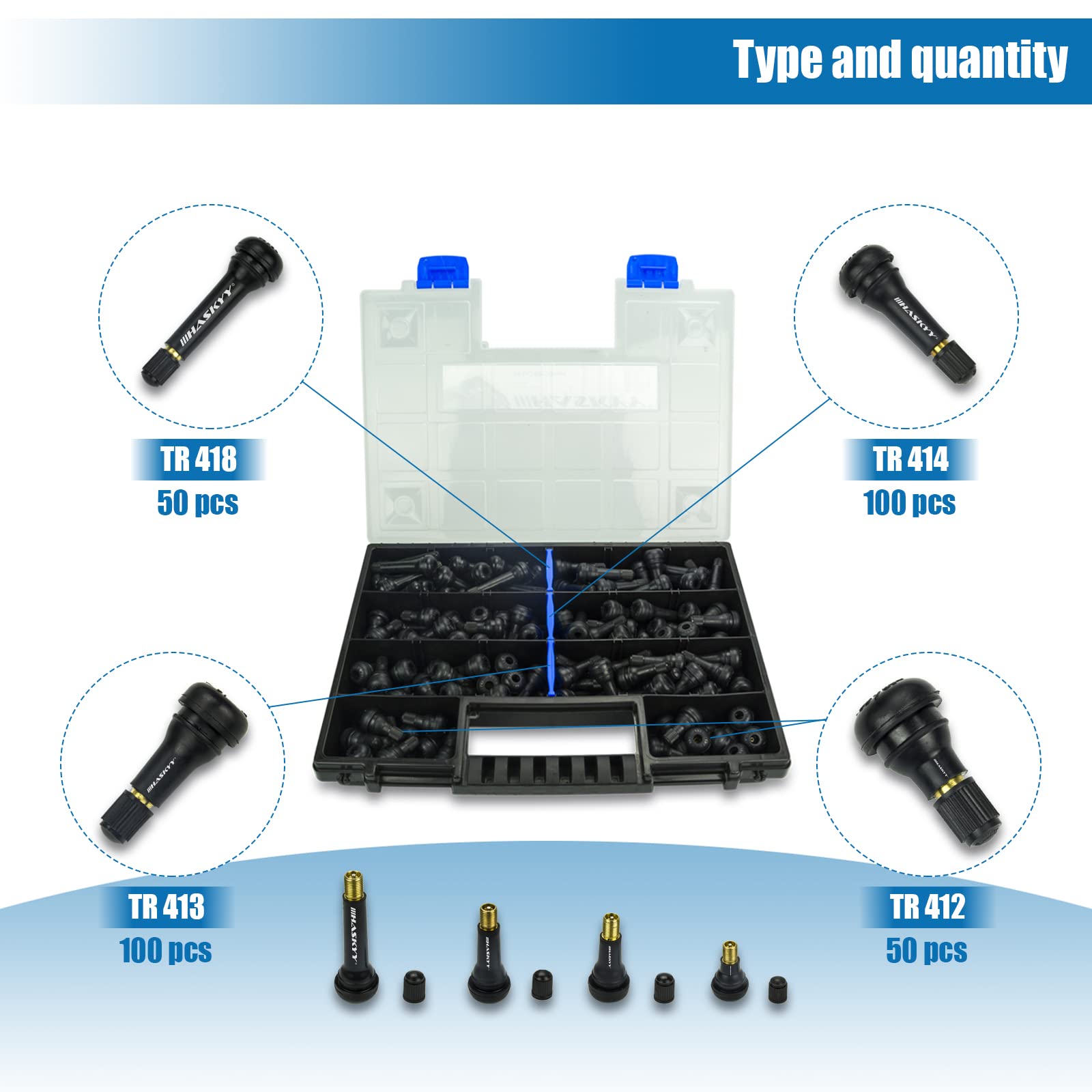 HASKYY 300 Autoventile Gummi Set 50x TR412, 100x TR413, 100x TR414, 50x TR418 I Snap-in-Pkw Gummi Ventil I Ventilkappe Reifen Ventilaufsatz
