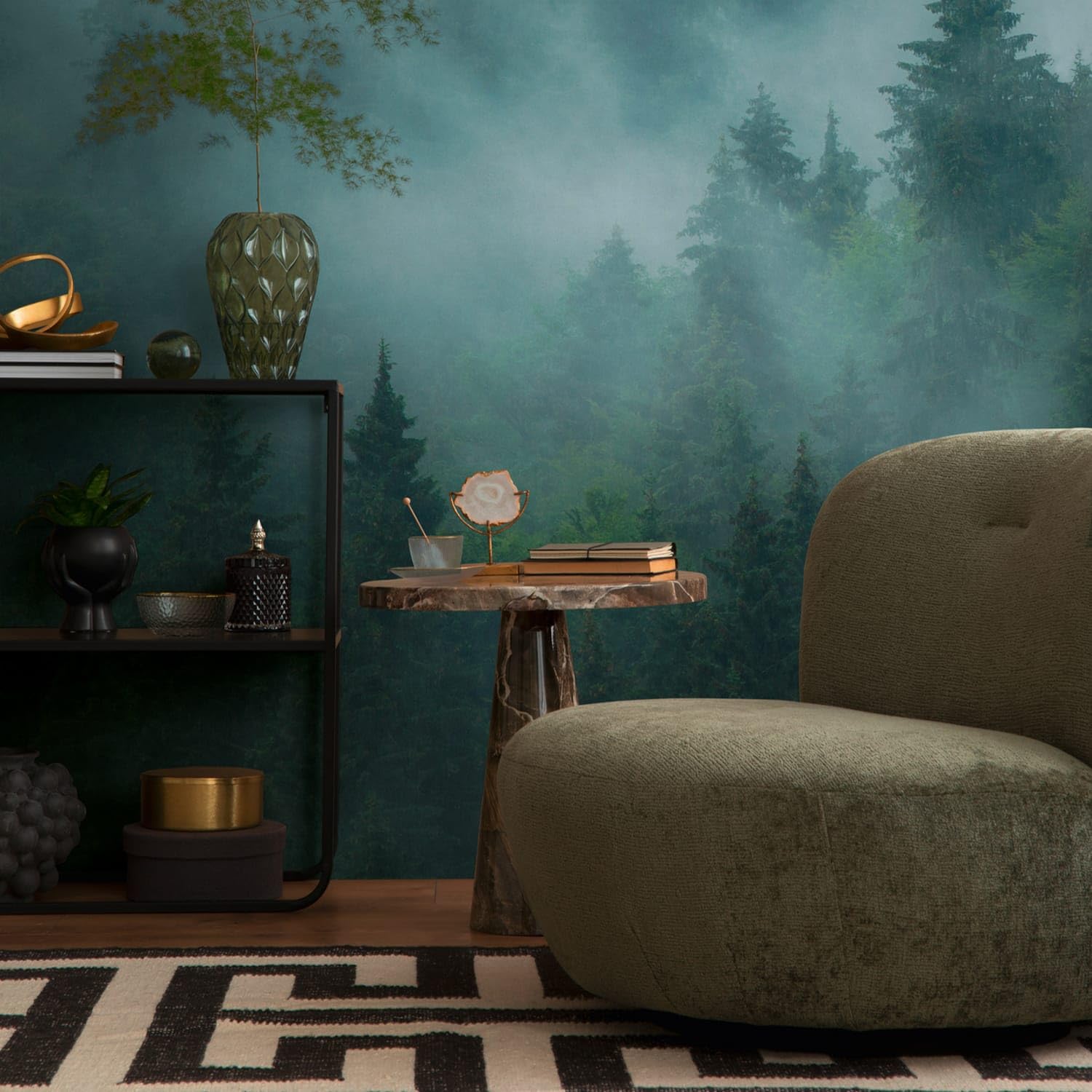 Papier peint motif forêt vert pétrole bleu intissé TNT de 10,39 m2 Profhome