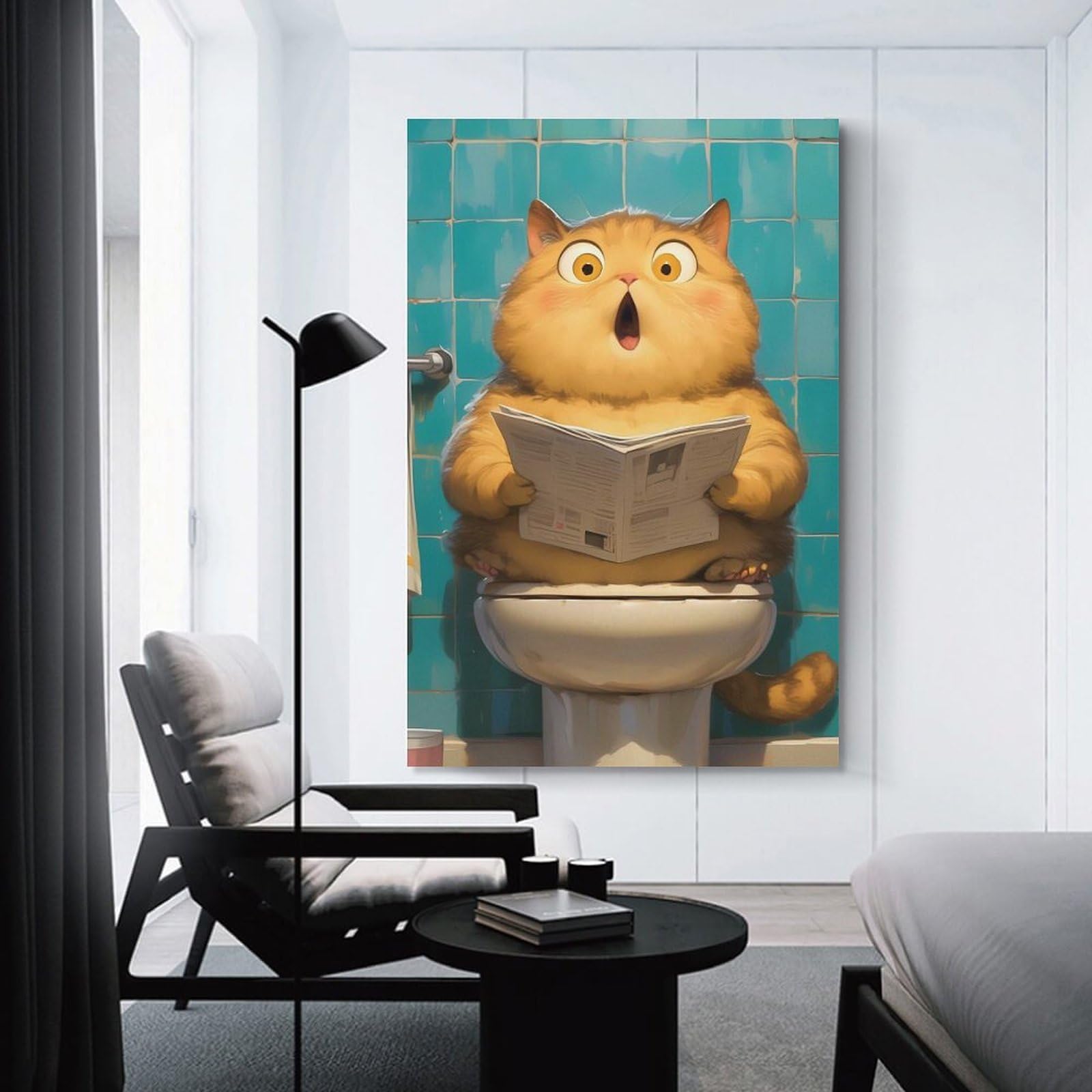 Junmoney Chubby Cat Toilet Funny Room Decor Wall Art, 20x30inch(50x75cm), for Living Room, Lounge Or Sitting Room, A Home Accent with Warm Character