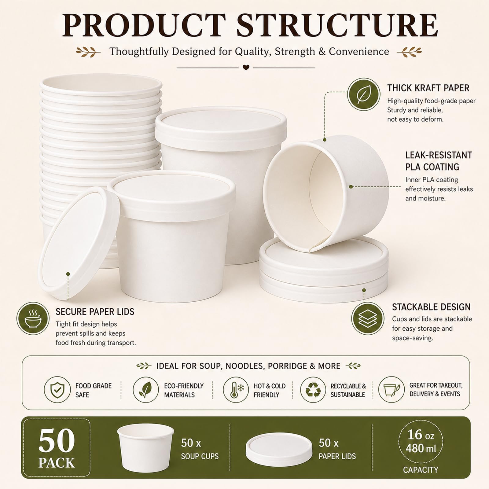 STARVAST 50 vasos de sopa de papel con tapa, 480 ml, vasos desechables con tapa, vasos con revestimiento interior de PLA, cuencos desechables para ensaladas, helados, sopa, café