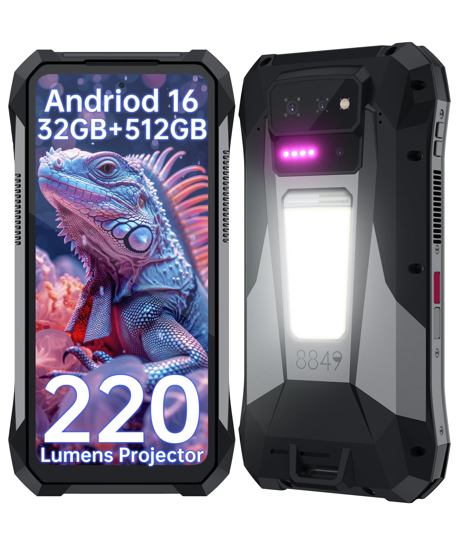 8849 Tank X Rugged 스마트폰 5G, IP68 방수 안드로이드 15 언락 모바일 휴대폰, 220루멘 프로젝터, 32GB+512GB, 6.78인치 120Hz 스크린, 17600mAh(120W)/1200LM 캠핑 라이트/GPS/OTG