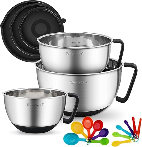 Rorence Juego de cuencos de acero inoxidable cuenco de mezcla de metal con tapas y asas, cuencos de silicona antideslizante para anidar para cocina,