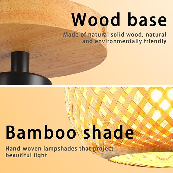 Bamboo Ceiling Light,Mini Size Boho Semi Flush Mount Ceiling Light Fixture,Handmade Rattan Wood Lampshade,Farmhouse Light Fixtures for Bedroom Nursery Hallway Corridor Passway [Energy Class A]